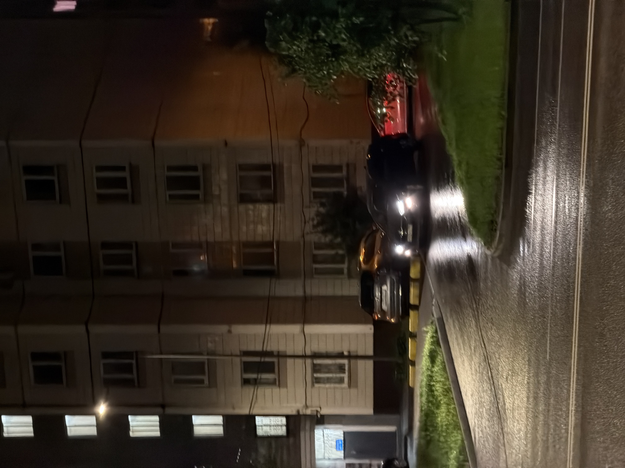 Here is a description of the image:
The image depicts an urban scene at night, likely in a residential area. A tall apartment building with multiple stories and many windows dominates the left side of the frame. Several parked cars are on a street alongside the building. There is green vegetation along the road. The street is wet, probably from rain, and streetlights reflect on the surface. Based on the building's architectural style, the image appears to be taken in a city, which is purported to be Moscow, Russia.