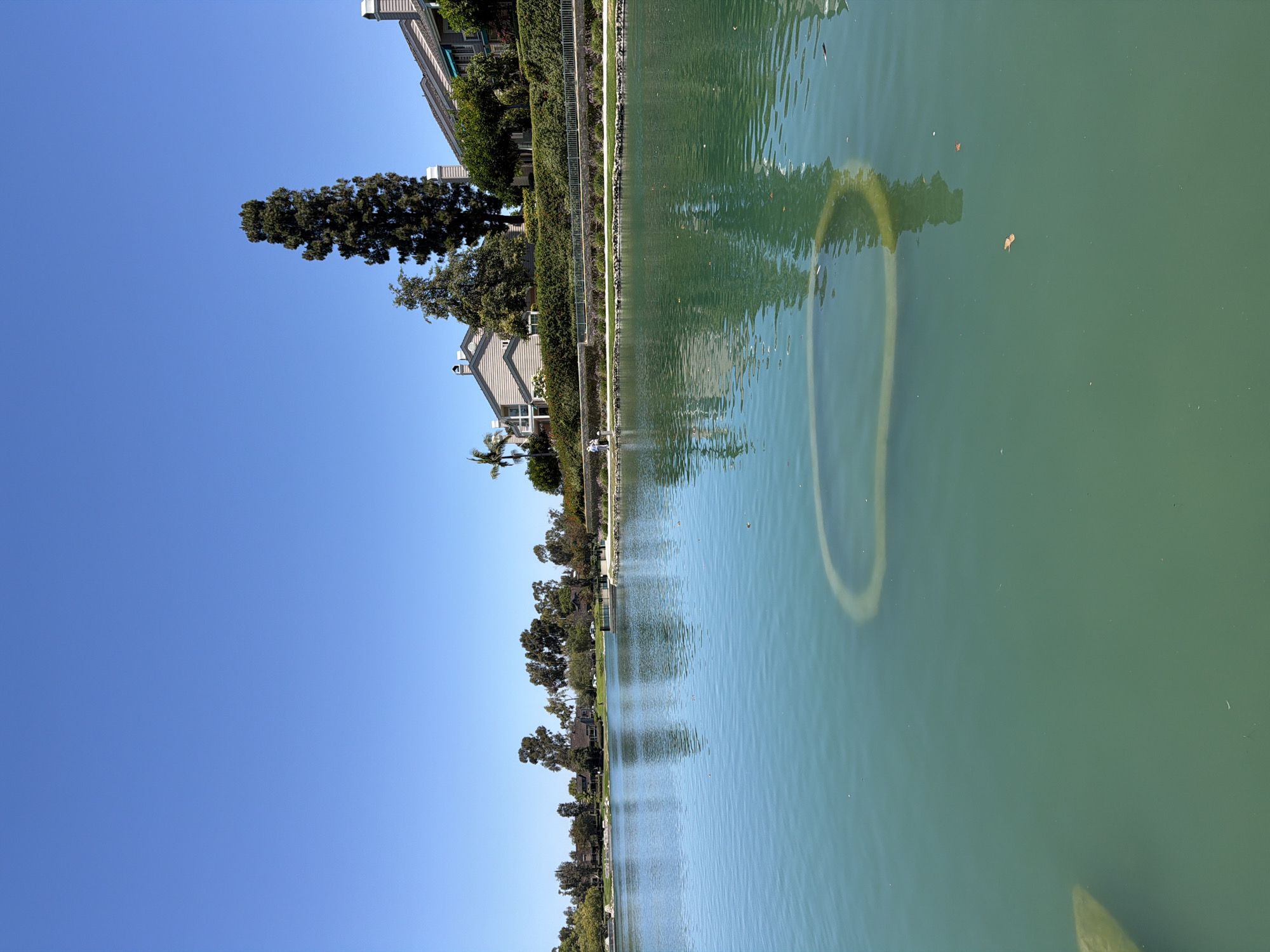 A wide shot captures a serene lake in Irvine, California, under a clear blue sky. The calm, turquoise water reflects the surrounding environment, which includes lush green trees and residential buildings lining the shore. In the foreground, a submerged circular structure is partially visible beneath the surface of the lake, hinting at an underwater feature or perhaps a decorative element. The scene is tranquil, with no visible people actively engaged in any specific actions. The overall impression is one of peaceful suburban living adjacent to a man-made body of water.