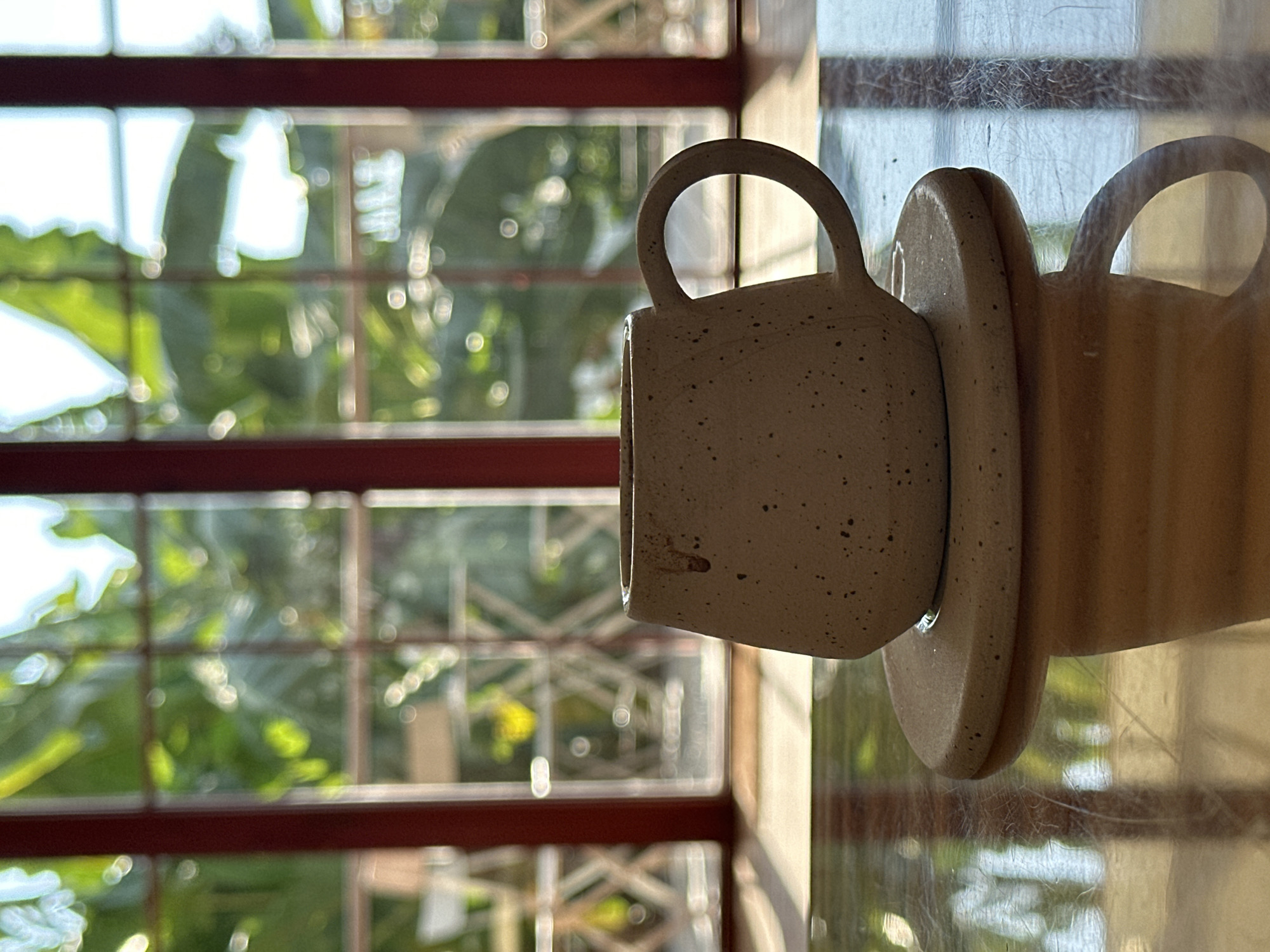 A close-up, eye-level shot shows a speckled, earth-toned ceramic mug and saucer on a reflective wooden table. The mug is positioned slightly to the right of the frame's center, with its handle facing right. The saucer is directly beneath the mug. Behind the table, a window with dark red mullions reveals a blurred background of lush green foliage and bright, out-of-focus circular light spots. The sunlight creates a strong reflection of the mug and saucer on the table surface. The scene appears to be indoors, with a view of an outdoor environment through a window. The location is specified as Templos, Northern Cyprus / Cyprus.