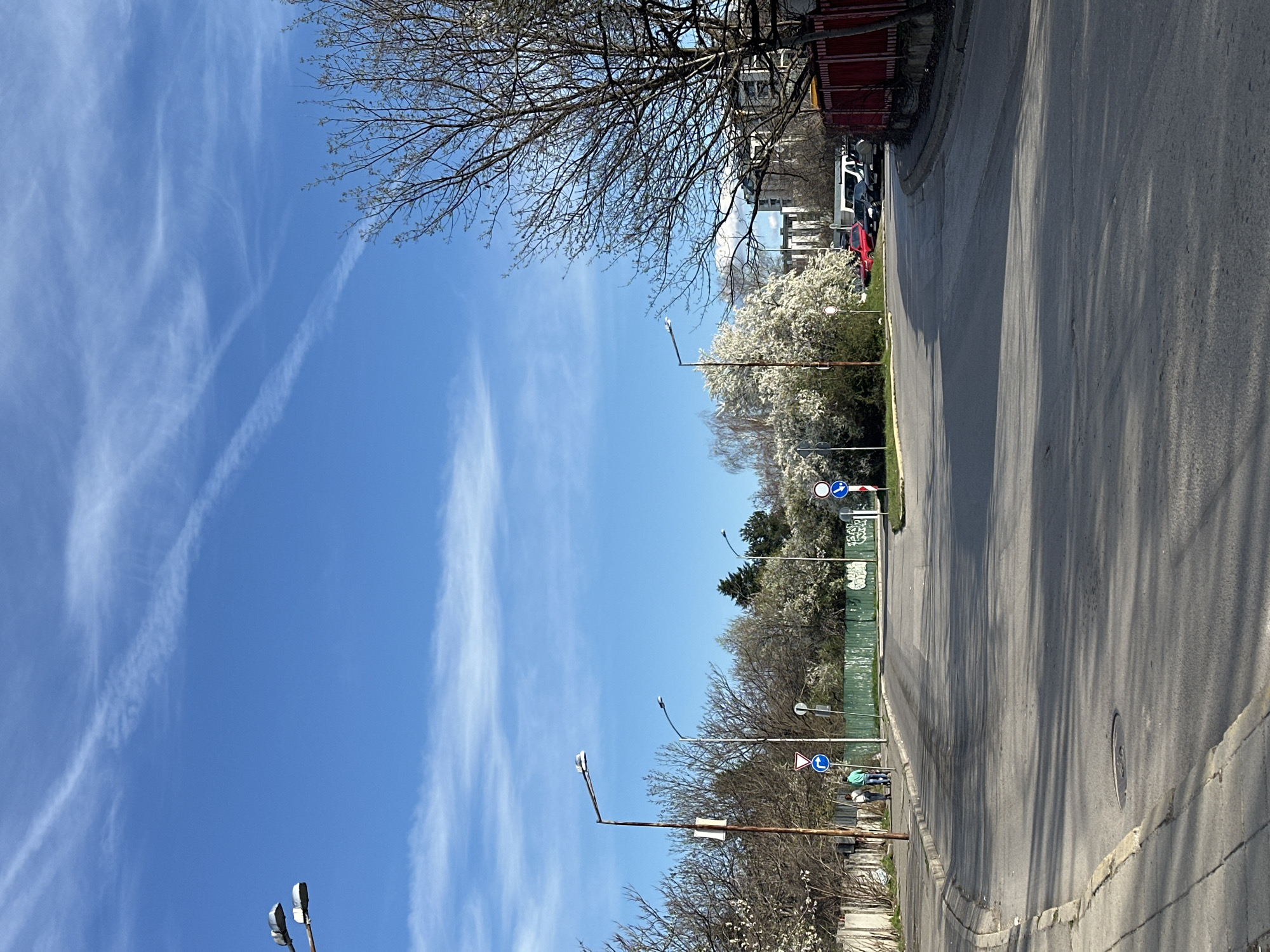 The image depicts a street scene in Sofia, Bulgaria, on a sunny day. The sky is blue with wispy contrails. The street is asphalt, with shadows cast by trees. Along the right side of the street is a concrete curb. Along the left side is vegetation, blooming trees, streetlights, and a green fence. There are traffic signs visible. A few cars are parked further down the street.