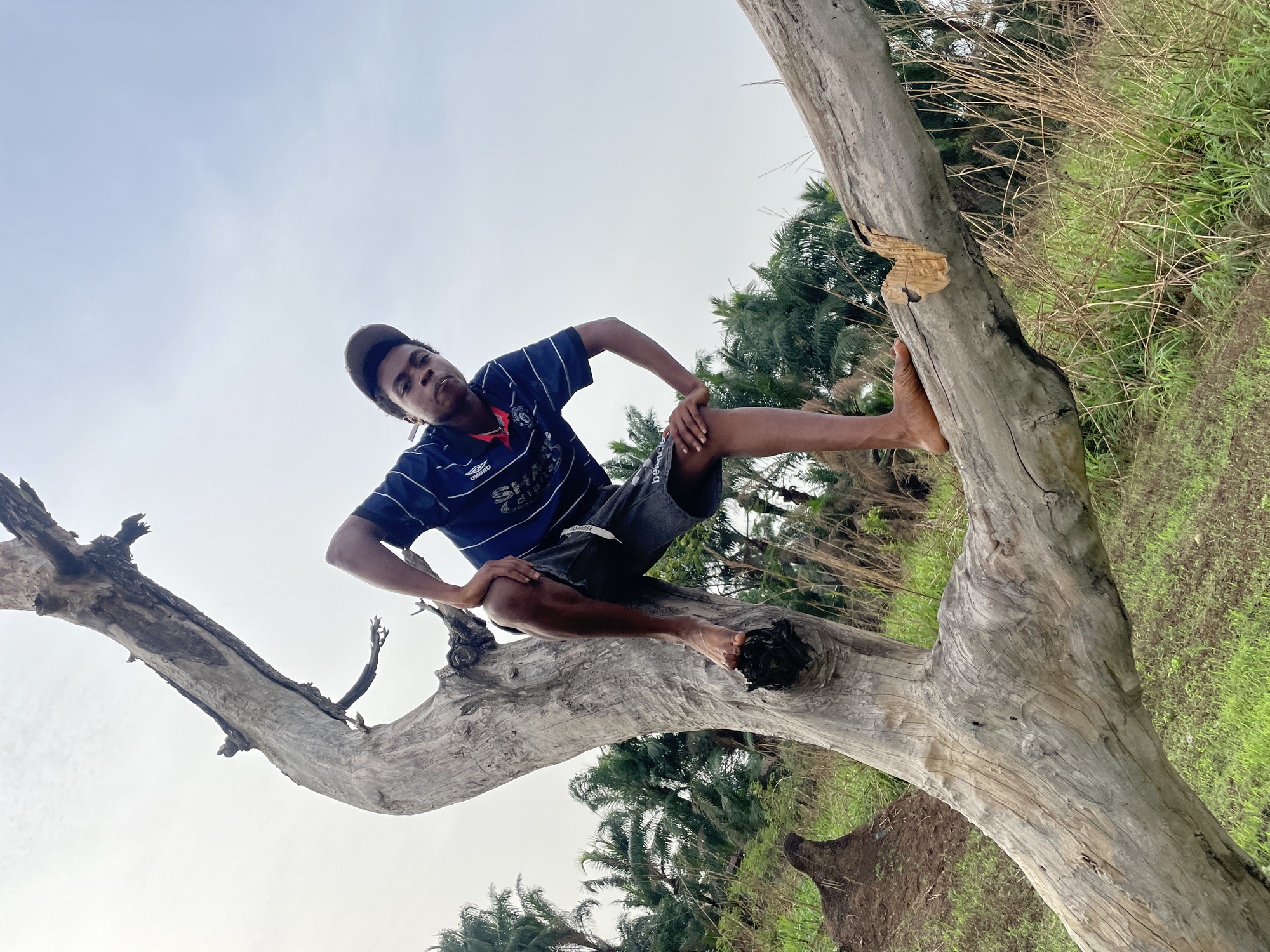An eye-level photograph taken in Agba Umana, Nigeria, shows a young man sitting in the fork of a large, dead, light-colored tree trunk with a prominent branch extending towards the left. The man is wearing a short-sleeved, dark-blue and white striped soccer shirt with a logo, dark shorts, and a dark baseball cap. He is barefoot and his skin tone is dark. He is posed with his right hand on his right knee and his left hand on his hip. The background consists of a cloudy sky, tall green grass, and leafy trees. The tree itself has a large break in the bark visible on the right side of the frame. The ground below the tree is partially visible and appears to be grassy and slightly damp.