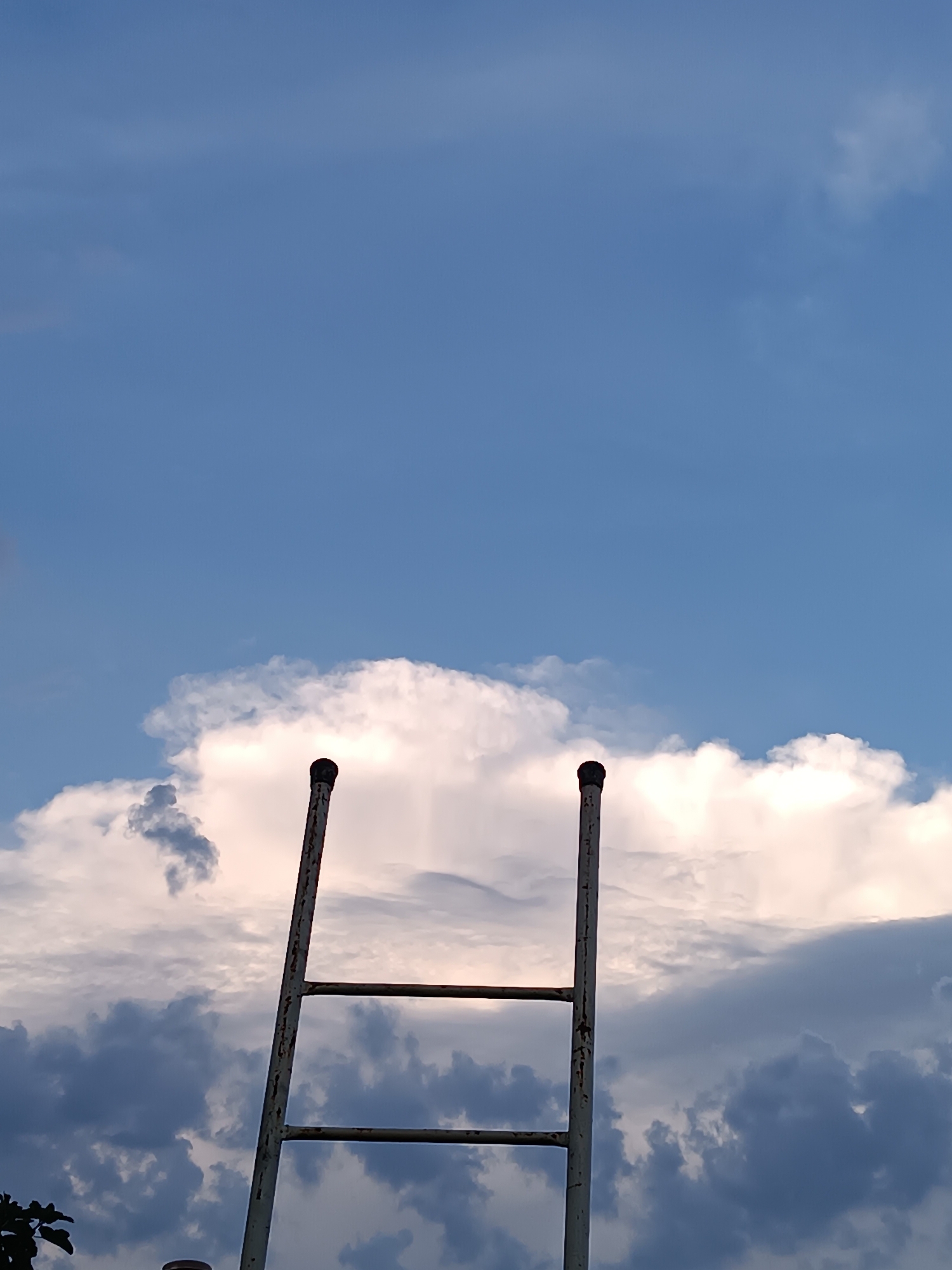 A low-angle shot shows a weathered, white metal ladder against a background of a blue and cloudy sky. The ladder has two rungs visible, and the top of each vertical support is capped with a black end. The clouds are a mix of white and gray, suggesting varying densities and depth. The sky is light blue above the clouds. In the very lower left corner, there are green leaves from a plant. The location information suggests the photo was taken in Viadana, Italy.