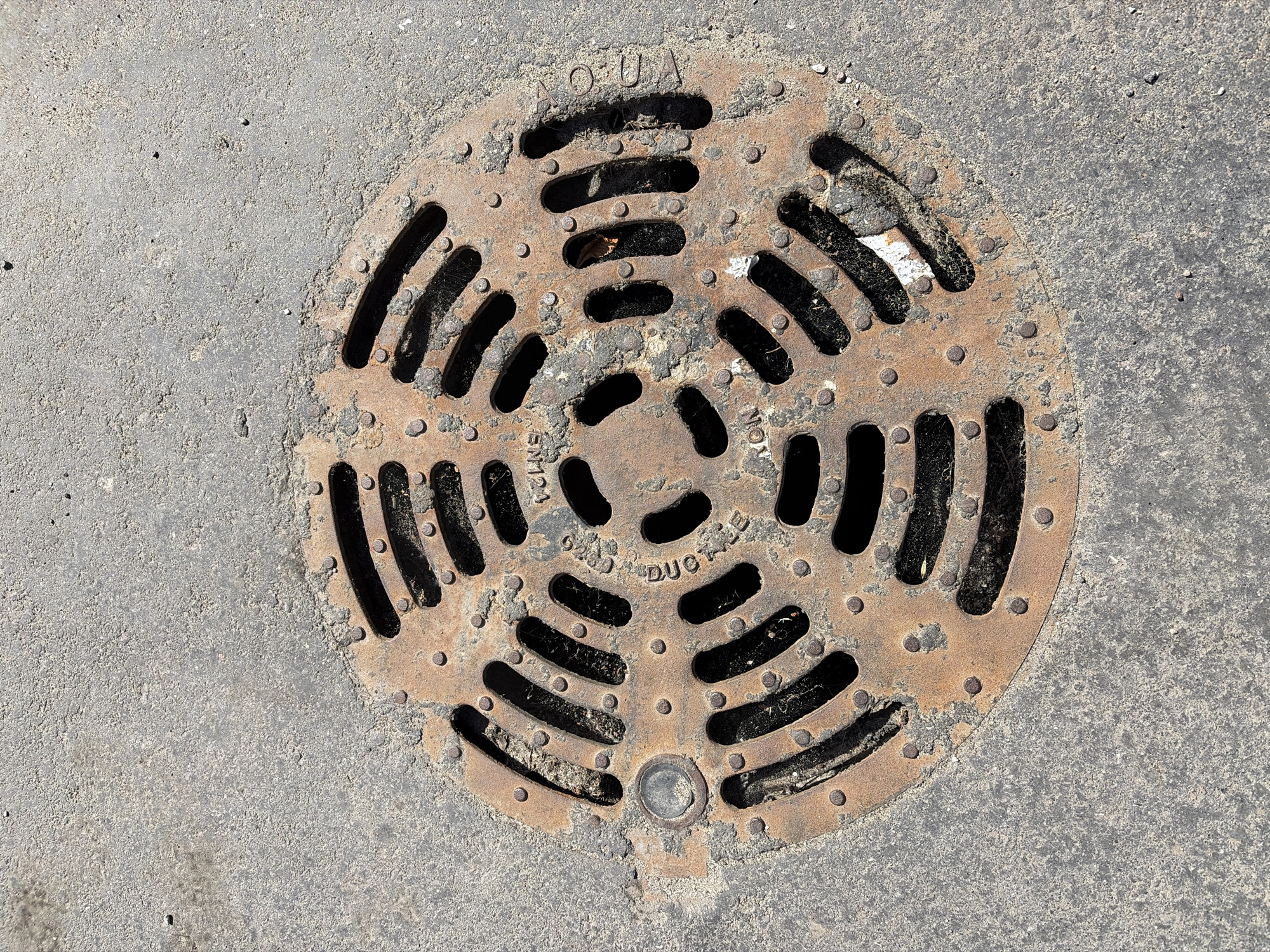 An overhead, close-up shot shows a rusty, circular metal storm drain cover embedded in asphalt. The drain cover has an intricate pattern of curved slots and raised dots. Some of the slots are filled with debris. The surrounding asphalt is gray and textured, with small pebbles and specks of dirt visible. The light casts shadows across the drain cover, highlighting its textured surface.