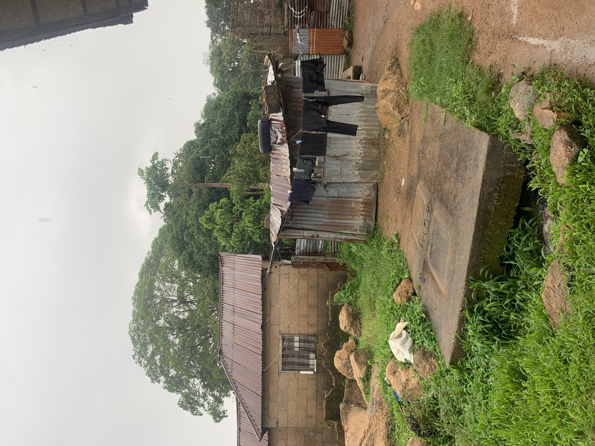 The image depicts an outdoor scene in Jos, Nigeria, characterized by overcast skies and apparent rainfall, indicated by streaks in the air and wet surfaces. In the foreground, a concrete slab is situated amidst lush green grass and scattered rocks. To the left, a building constructed from mud bricks with a corrugated metal roof stands prominently. This building features a window with metal bars. Adjacent to it, a smaller structure made of corrugated metal sheeting displays clothing, primarily dark-colored pants and shirts, hanging on a clothesline. Several large rocks and some white and black sacks are also visible on the ground. In the background, dense green trees and foliage form a backdrop, with a larger tree dominating the left side of the image. The ground is a mix of dirt and gravel, showing signs of wetness. The overall impression is one of a humble, possibly rural or semi-urban, residential area experiencing inclement weather.