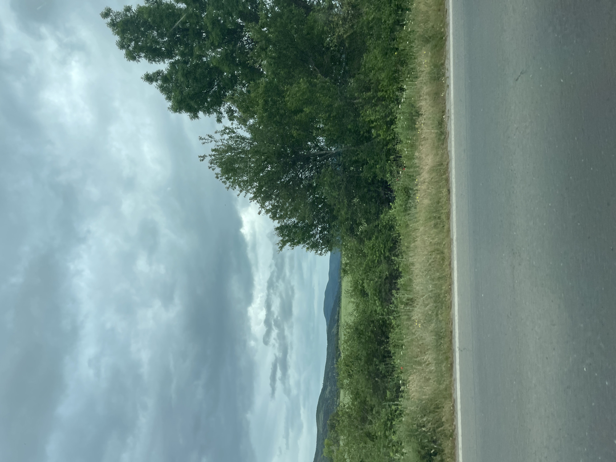 The image presents a landscape adjacent to a road. The view includes trees and vegetation alongside the road, leading towards distant mountains under a cloudy sky. The setting is rural, showing natural elements and a transportation route. It is not possible to tell if this image is in the city of Konare, Bulgaria without more information.