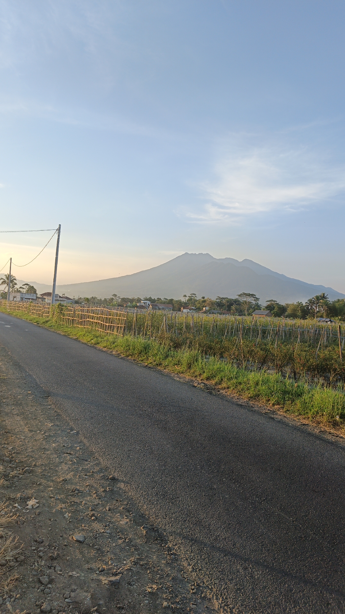The image depicts a rural scene in Linggasirna, Indonesia, at sunrise. A paved road runs diagonally from the bottom left to the center right of the frame. To the left of the road is a patch of dry, rocky ground with sparse vegetation. To the right of the road, a field of crops is visible, bordered by a bamboo fence. In the background, a large, hazy mountain looms against a pale blue sky with wispy white clouds. A few houses and palm trees are scattered in the middle ground. Utility poles with wires are also present along the left side of the road. The lighting suggests it is early morning.