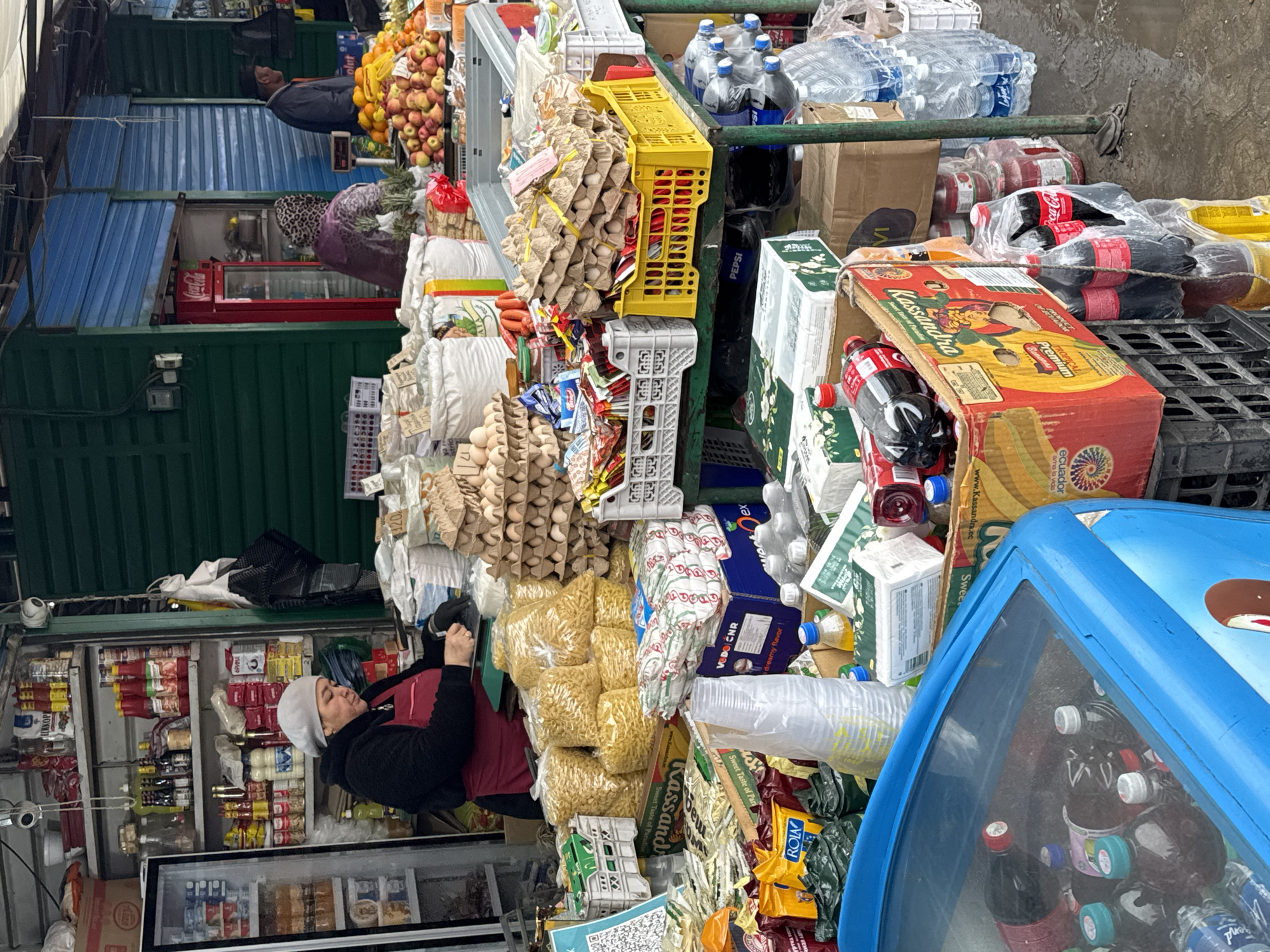 This image depicts a bustling market stall in Bishkek City, Kyrgyzstan, filled with an extensive variety of groceries and beverages. The scene is brightly lit, suggesting either daytime indoors or a well-lit covered market environment.
Two individuals are visible: a woman, likely a vendor, is seen in the mid-ground leaning over a counter or display. She wears a red apron over a dark jacket and a light-colored hat. Further back, a man in a dark jacket stands near a stall piled with fresh produce.
The market stall is densely packed with goods. Numerous cardboard egg cartons are stacked, alongside large transparent bags of pasta. Fresh fruits like red apples and oranges are displayed in abundance. Various bottled beverages, including water, Coca-Cola, and Pepsi, are arranged in crates and plastic packaging. Other products visible include packaged snacks, instant coffee, ketchup, sauces, and what appear to be dairy or creamer products. A blue cooler on the right holds more bottled drinks.
The environment conveys a sense of active commerce. Visible text and brand names offer insights into the products available: "Kassandra," "Sweet Taste of Paradise," "ROLA," "ЦИКОРИ" (Chicory), "ФРИМА" (Frima), "VODO CNR dreamy flavor," "PEPSI," "Coca-Cola," and "TROPICAL Premium." Notably, some "Kassandra" packaging also displays "www.Kassandra.ec" and "ecuador ama la vida," indicating international product sourcing within the market.