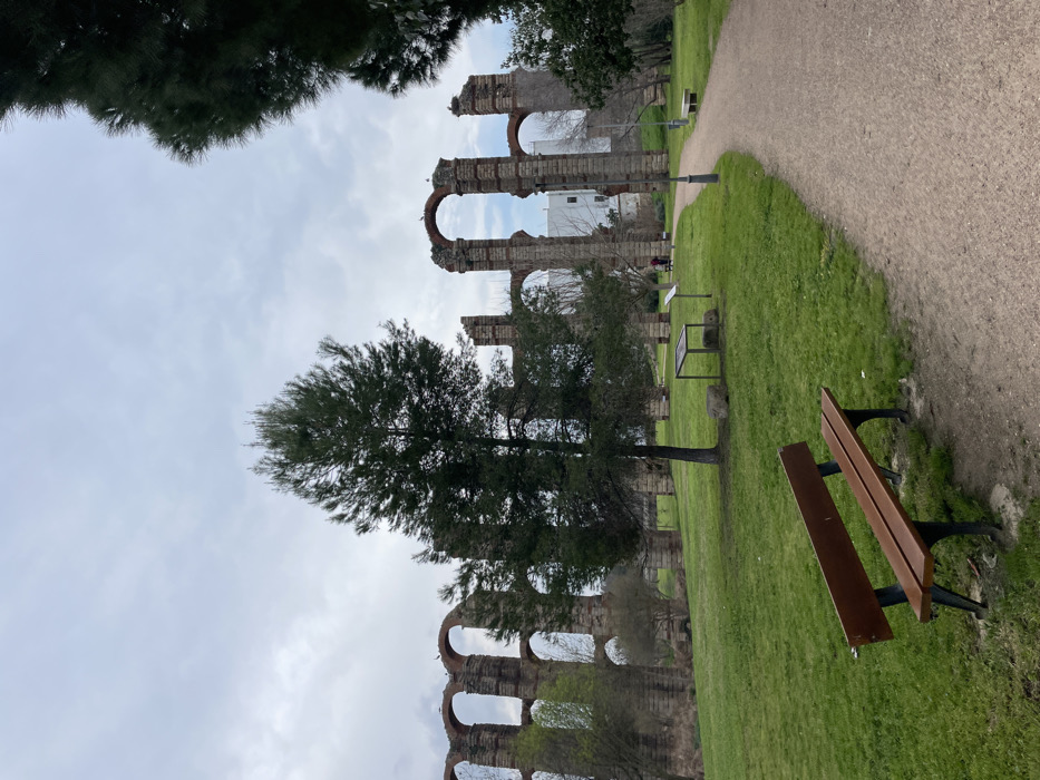 The image, oriented as a landscape, captures a serene park scene featuring ancient Roman aqueduct ruins. The impressive aqueduct, characteristic of the Acueducto de los Milagros in Mérida, Spain, stretches horizontally across the midground and background, its arches made of brick and stone standing against a cloudy sky. Birds are perched on some of the upper sections of the arches.
In the foreground, a well-maintained dirt or gravel path curves from the upper right toward the center-left. Alongside the path, a neatly mowed grassy area dominates the lower half of the frame. A dark brown wooden park bench with black metal supports is positioned in the lower right foreground, facing towards the aqueduct. Several trees are scattered throughout the grassy expanse, with a prominent evergreen tree standing in the center-left midground. Another smaller tree or bush is visible behind the bench.
Further back, near the aqueduct and path, a small, dark-framed informational display stand is visible on the grass. Through the arches of the aqueduct, a modern, white building can be seen in the distance. A single person is faintly visible walking on the path near the aqueduct in the background.
The weather appears overcast, indicated by the uniformly grey, cloudy sky, suggesting a daytime shot without direct sunlight. The scene is calm and historical, seamlessly blending ancient architecture with a natural park environment. There is no discernible text visible in the image.