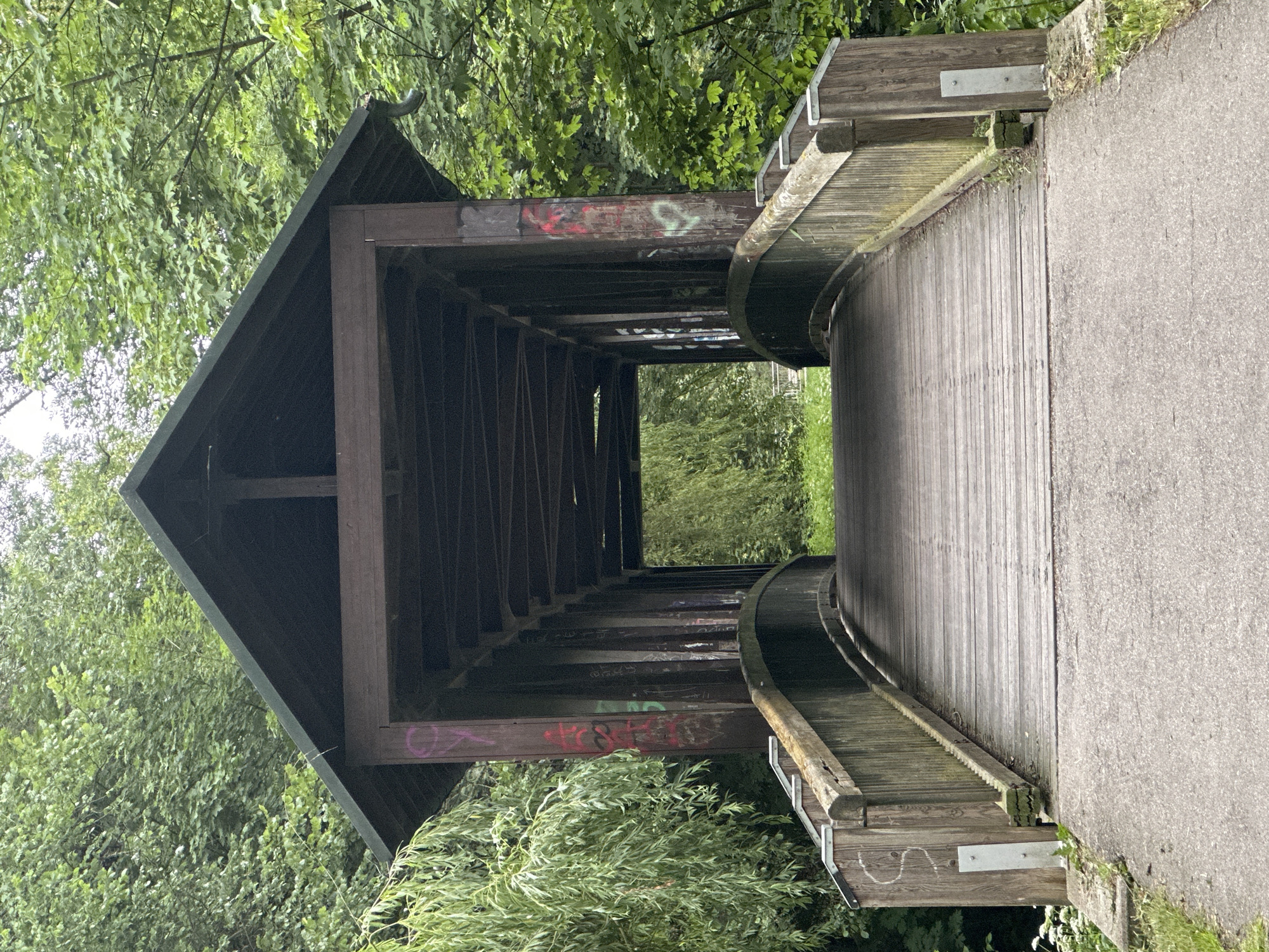 A wooden covered bridge with a dark roof and wooden plank siding is centered in the frame, spanning across a path. The bridge has wooden railings and is set against a backdrop of lush green trees. Some of the wooden pillars supporting the roof of the bridge are marked with graffiti in red and green spray paint. A weeping willow tree with long, drooping branches is visible to the left of the bridge. The path leading up to the bridge is paved and grey. The scene appears to be in a park or natural setting within a city.