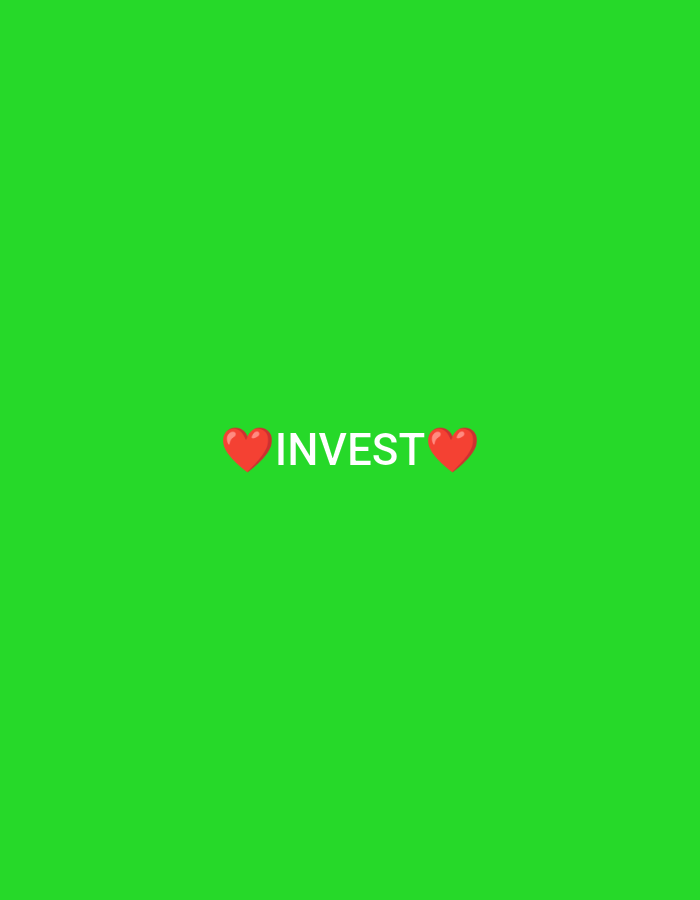 The image displays the word "INVEST" in white, flanked by red heart emojis on either side. The background is a solid green color. No location information is depicted in the image.
