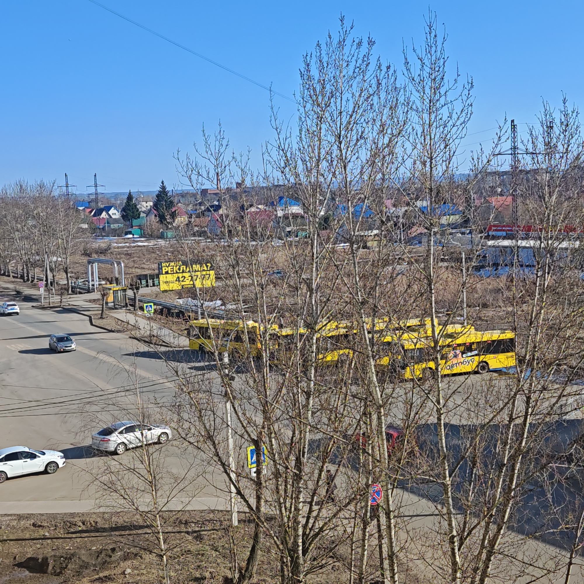 The image shows a cityscape in Rostov, Russia. The scene is dominated by bare trees in the foreground, obscuring a view of a street intersection. Several cars are visible on the roads, including white vehicles and a silver one. On the right side of the intersection, yellow buses are parked or moving along the street. Further back, buildings and houses with varying roof colors dot the landscape. Power lines and towers are visible in the distance. A large yellow billboard is present with the text "НУЖНА РЕКЛАМА? (4862) 42-27-77." Traffic signs are partially visible. The weather appears clear with a blue sky. The scene has a somewhat barren, early spring feel, indicated by the leafless trees.