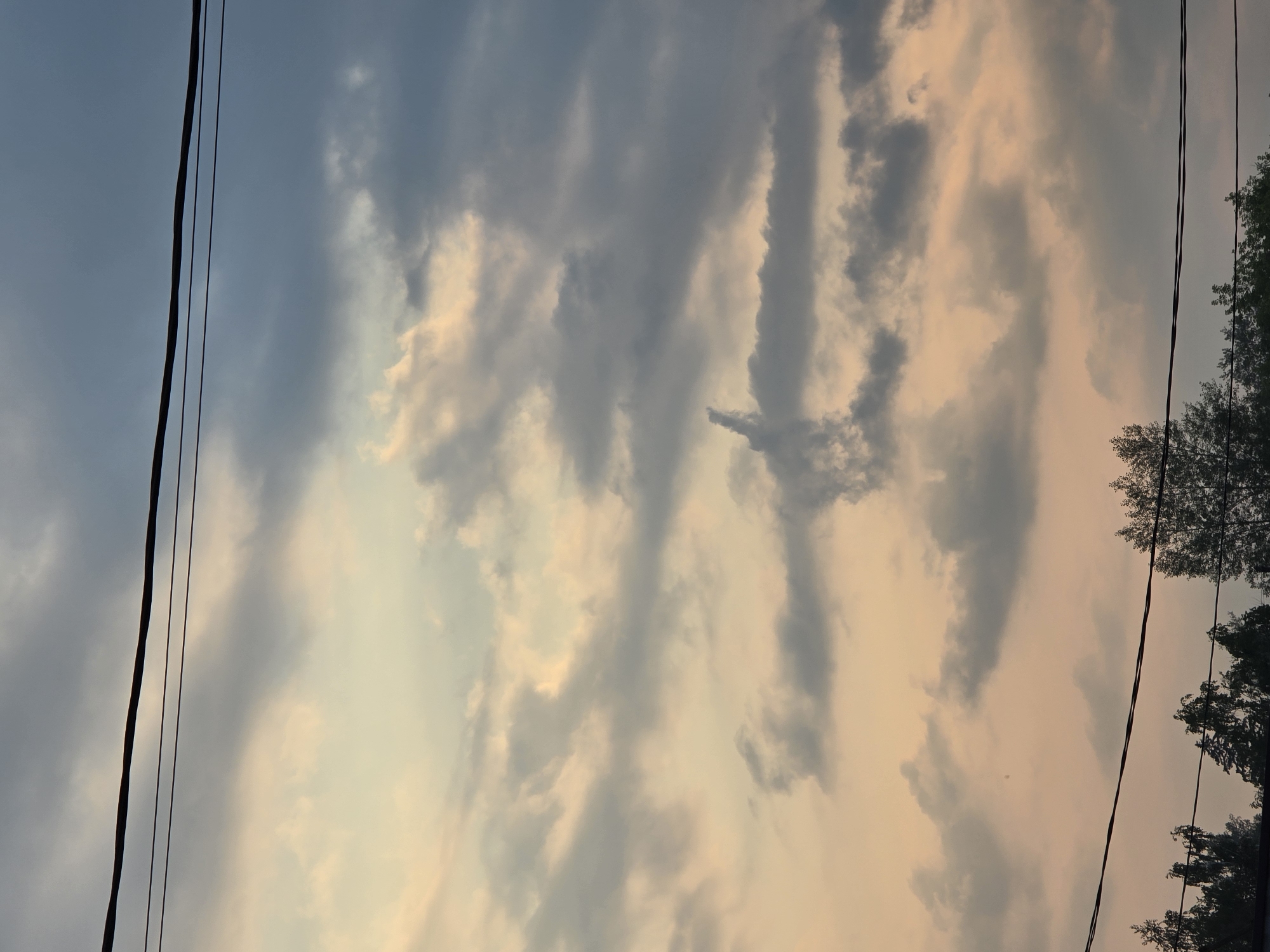 The image shows a cloudy sky over a portion of Ермолаево, Russia. Several power lines are visible crossing the frame horizontally. In the sky, a formation of clouds appears to resemble a hand giving the middle finger. The lower portion of the image captures the tops of trees, silhouetted against the sky. The lighting suggests it may be dusk or dawn, with warm, orange tones in some of the clouds.