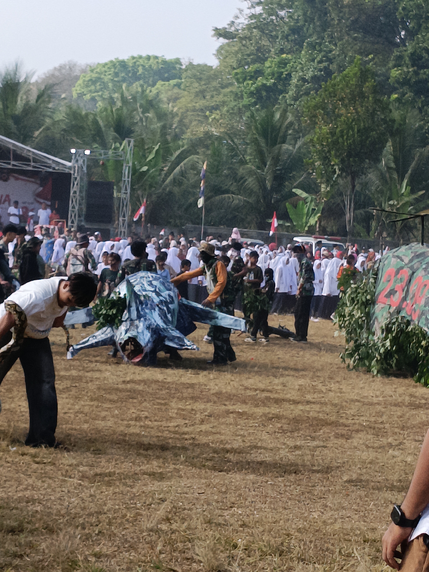 In Cibodas, Indonesia, a crowd gathers outdoors for an event. In the foreground, a young man wearing a white t-shirt and dark pants is interacting with a large snake, draped over his shoulder. To his right, a costumed figure, possibly representing a jet or airplane with a camouflage pattern, lies on the ground, with several individuals in military-style uniforms nearby. In the background, a stage with lighting equipment is set up, and a large group of people, many wearing white attire, are observing the proceedings. Indonesian flags are visible among the crowd and on the stage. The environment appears to be a grassy field with trees and foliage in the background.