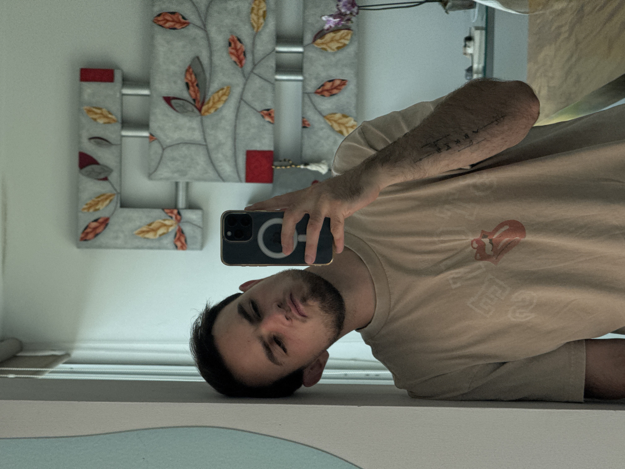 A man is seen taking a selfie in a mirror. The man is wearing a beige t-shirt with a red graphic, and he has a beard and short dark hair. He is holding a smartphone with a black case in his right hand. Behind him, there is a decorative piece on the wall consisting of grey panels with stylized leaf designs in various colors. The background also shows parts of a room, with hints of other objects and surfaces visible. The photo is taken indoors, with artificial lighting.
There is no information to suggest that this image was taken in San Bernardino Tlaxcalancingo, Mexico.