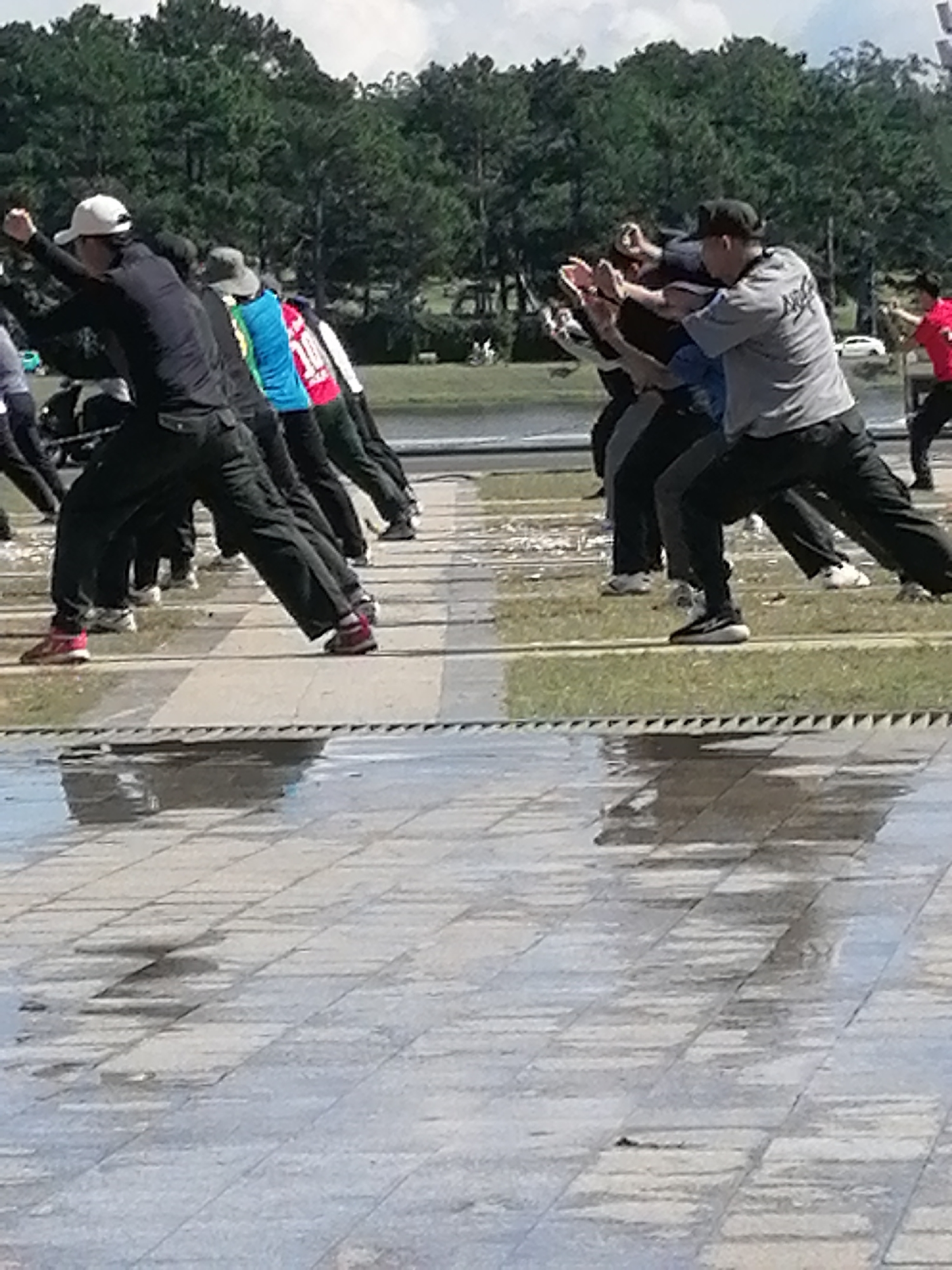 The image depicts a group of individuals, likely practicing a coordinated physical activity, outdoors in what appears to be a city park or recreational area. Several people are visible, mostly men, dressed in casual athletic attire, including t-shirts, long pants, and athletic shoes. Their postures suggest they are engaged in a synchronized movement, with arms extended and bodies bent forward. The environment shows a paved walkway with reflections, indicating it may be wet or a pond is nearby. Beyond the paved area, there is a grassy strip and a dense line of trees in the background. The sky is partly cloudy. One person in the foreground on the left is wearing a white cap and a black long-sleeved shirt and black pants. To their right, another person wears a grey t-shirt and black pants. The scene is likely Da Lat, Vietnam, as indicated by the presence of pine trees commonly found in the region and the overall park-like setting.