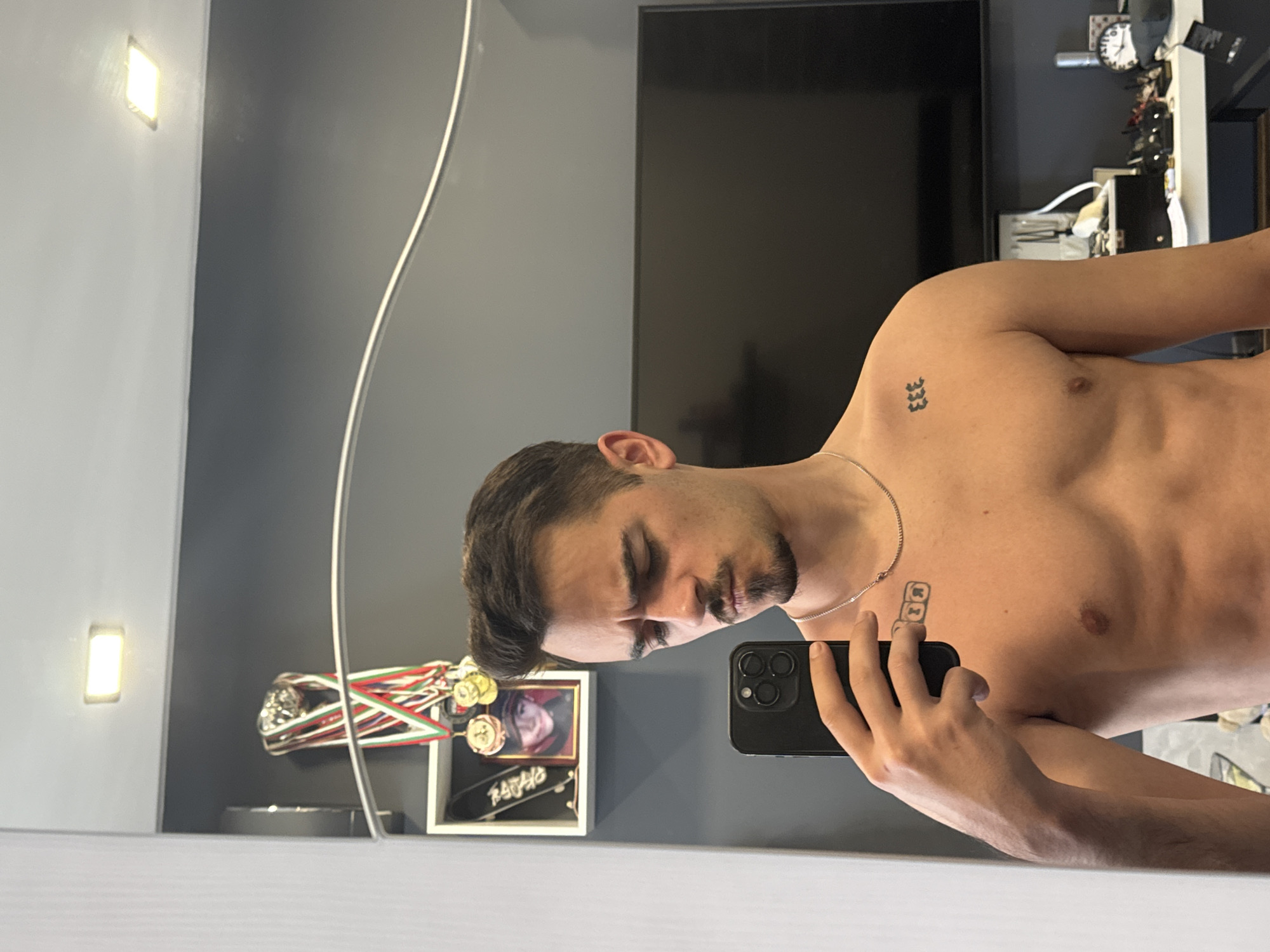 A man is holding a black smartphone and taking a selfie in front of a mirror. He is shirtless, revealing part of his torso, including a tattoo of the number "333" on his shoulder. He has short dark hair and a trimmed beard. Behind him, reflected in the mirror, are a dark gray wall, a flat-screen television, and a shelf with various items, including medals, a framed picture, and what appears to be a skateboard. A curved light fixture is also visible on the left side of the reflection. No information is available from the image that confirms it was taken in the city of Sofia, Bulgaria.