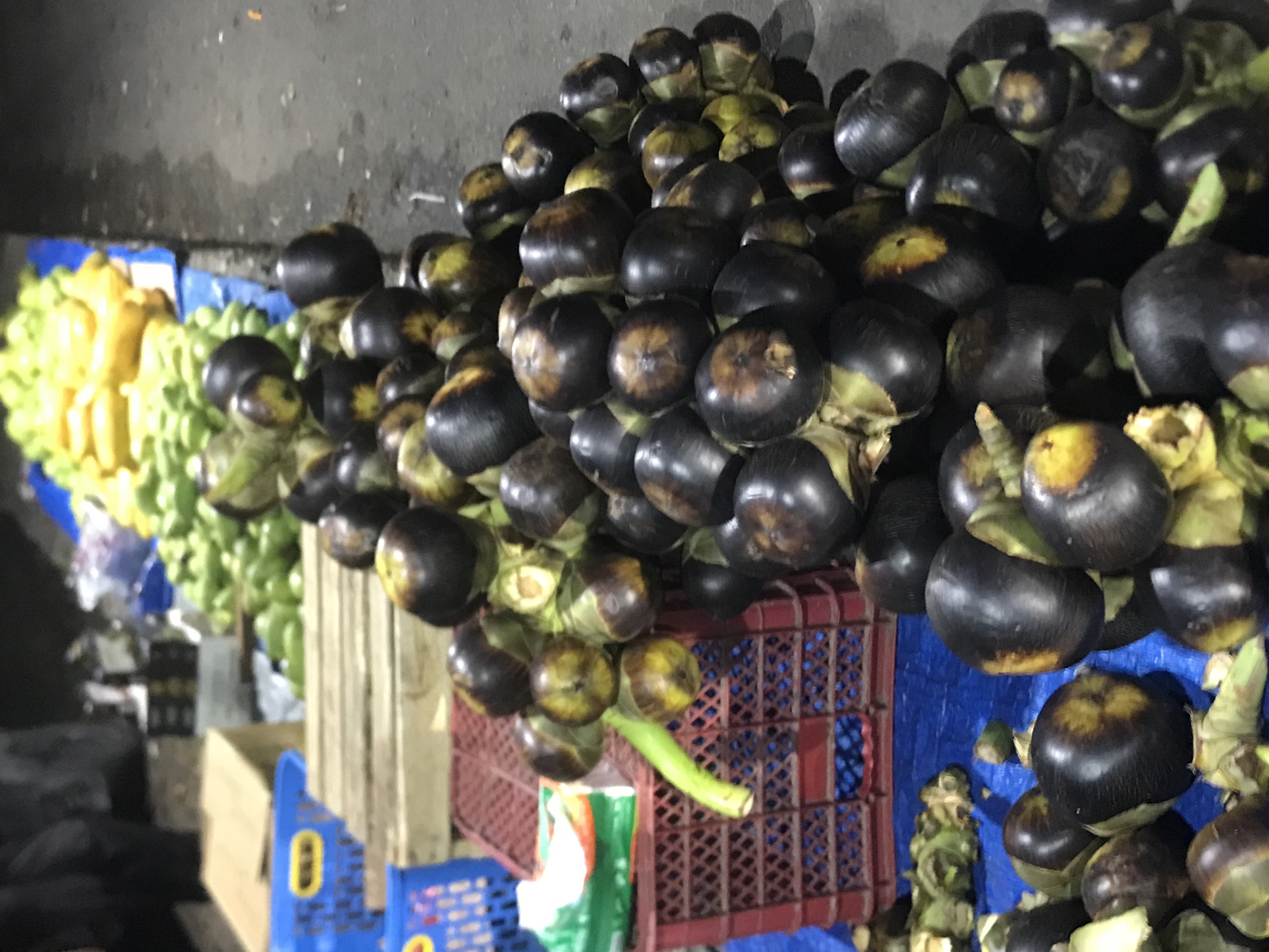 The image depicts a vibrant scene at a market, likely in Banda Aceh, Indonesia. A large quantity of dark, round fruits, possibly palmyra fruits (also known as toddy palm fruits), is displayed prominently. These fruits, characterized by their smooth, dark exterior and yellowish-brown patches, are piled together on top of red and blue crates. To the left of the palmyra fruits are clusters of yellow and green fruits that appear to be bananas and other green fruits. The background shows signs of a busy market environment with a concrete surface and various boxes and containers. The overall impression is that of a local market offering a variety of fresh produce.