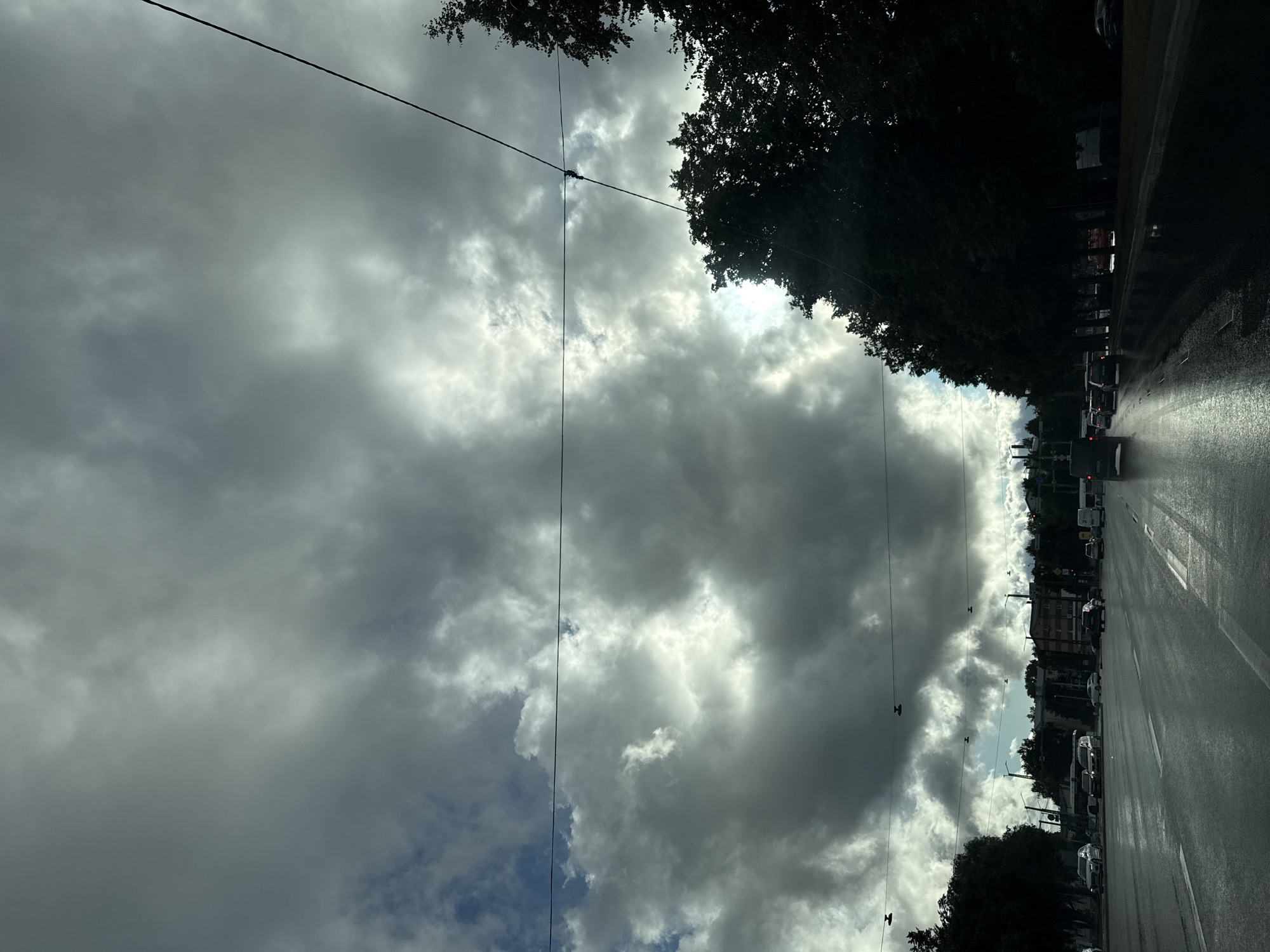 The image depicts a street scene in Tallinn, Estonia, under a dramatic, overcast sky. The perspective suggests the photo was taken from inside a vehicle moving along a wet road, indicated by the reflections and the slight blur on the asphalt. Numerous cars are visible in a line, suggesting traffic congestion. Dark trees line the right side of the road, forming a dense canopy that casts shadows. Overhead, power lines stretch across the frame, adding a utilitarian element to the otherwise natural and urban landscape. The clouds are heavy and gray, with patches of brighter sky suggesting sunlight attempting to break through, creating a moody and somewhat somber atmosphere. The time of day is difficult to pinpoint precisely due to the cloud cover, but the general lighting suggests it could be late afternoon or early evening. No visible text is present in the image.