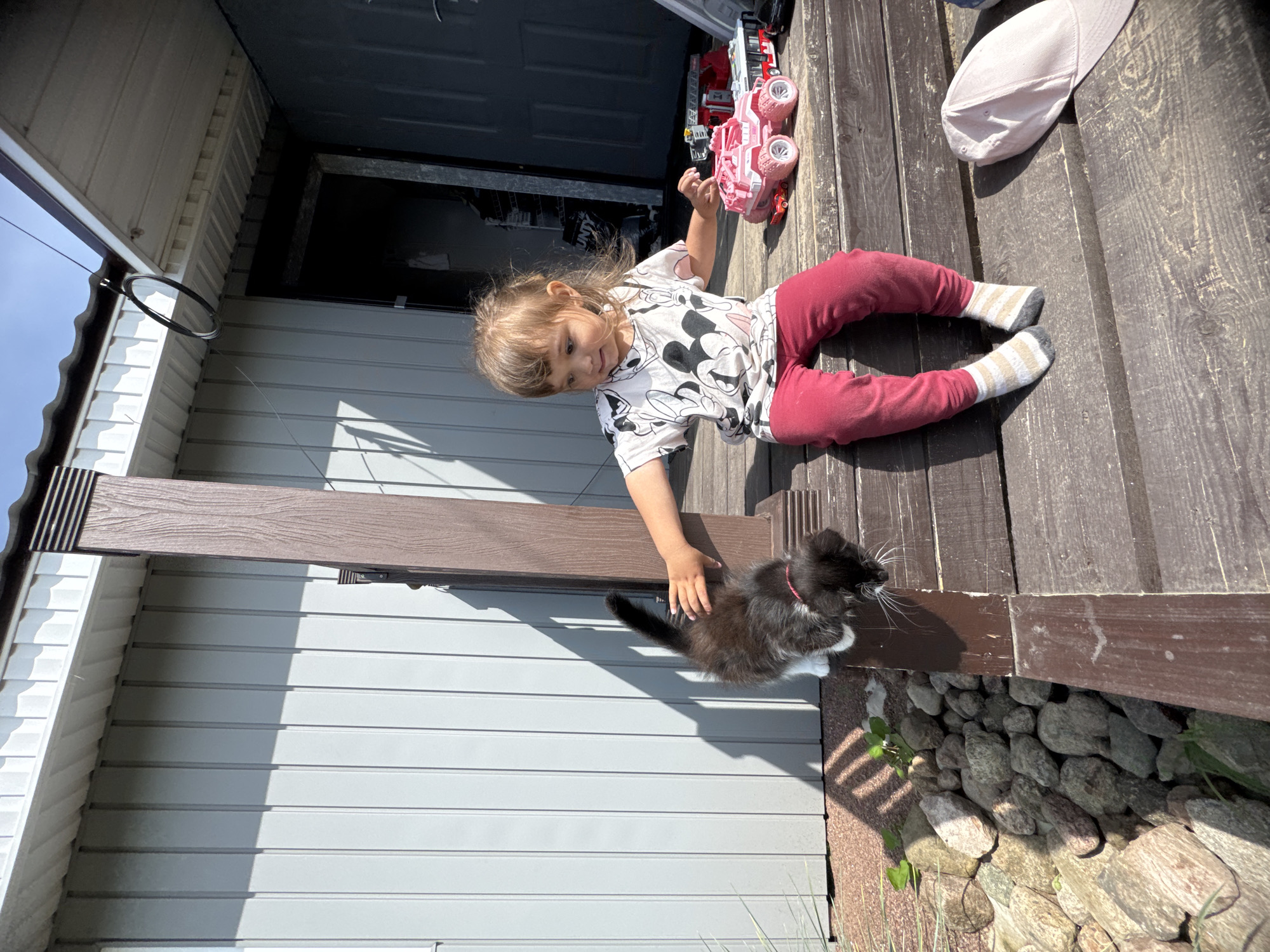 In Kempelevo, Russia, a young girl with blonde hair sits on wooden steps outside a building with grey siding. She wears a white t-shirt with a Mickey Mouse print and red pants, with striped socks. In front of her are toy vehicles, including a pink monster truck and a red fire truck. A black and white kitten with a pink collar is on the steps to her left, and she is reaching out to touch it. The ground is covered with rocks and some vegetation. The sun is casting shadows.