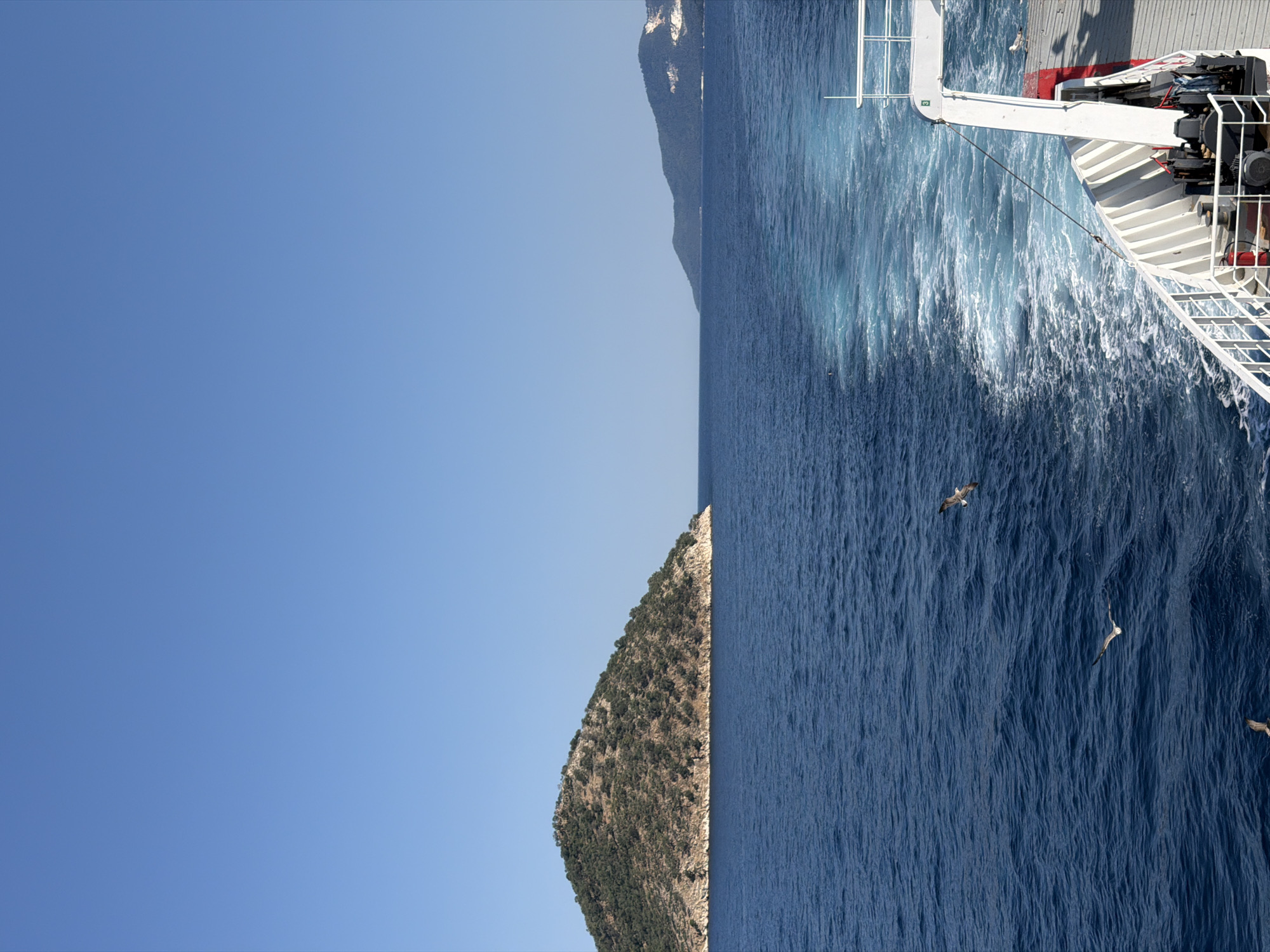 This media file captures a scenic view from a moving ferry near Thassos, Greece. The scene is divided vertically, with the left side dominated by a clear, bright blue sky, suggesting a sunny day. The right side features the deep blue expanse of the Aegean Sea, with choppy waves creating white foam as the ferry navigates.
A portion of the ferry's deck is visible on the far right, showcasing white railings, stairs, and some machinery. The ferry appears to be underway, as evidenced by the wake trailing behind it.
In the foreground, a lush, green, rocky island slopes down towards the sea, its slopes covered in dense vegetation. The sunlight illuminates the island, creating a contrast with the shadowed areas. Several seagulls are captured in flight over the water, adding a sense of movement and life to the scene.
The image evokes a feeling of travel and coastal beauty. The time of day appears to be daytime, likely late morning or afternoon, given the bright sunlight and clear sky. There is no visible text in the image.
