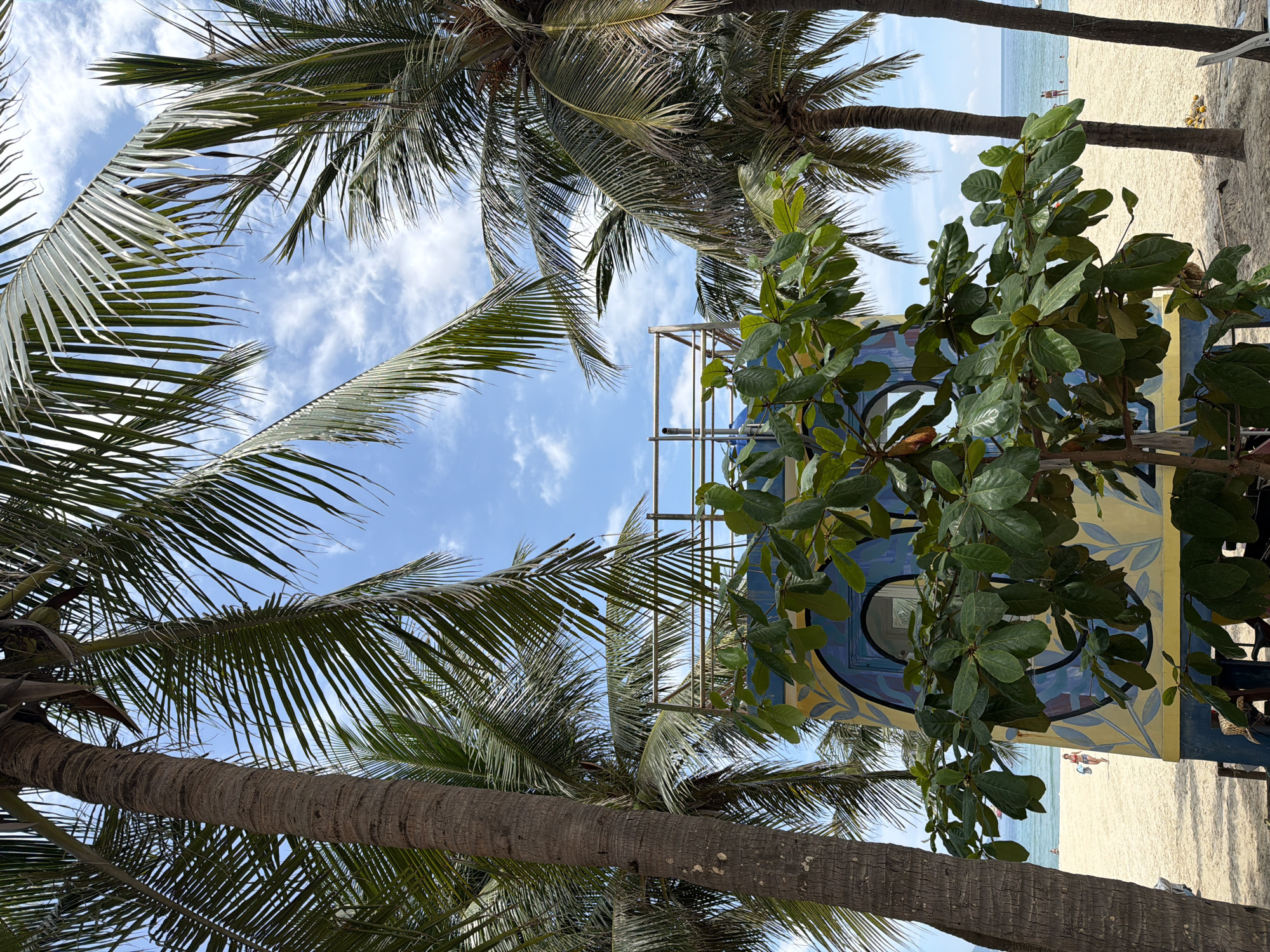 This image captures a scene on a sunny beach, likely in Đà Nẵng, Vietnam, characterized by the presence of palm trees framing a vibrant, possibly retro-style lifeguard station or small building. The building is painted in bright yellow and blue with a stylized, abstract mural or design. In the foreground, lush green foliage from a tree partially obscures the view. Beyond the building, a sandy beach stretches towards the ocean, where the water is calm and a few people are visible in the distance, some wading or walking near the shore. The sky is a clear blue with scattered white clouds. The overall atmosphere suggests a tropical, relaxed vacation setting.