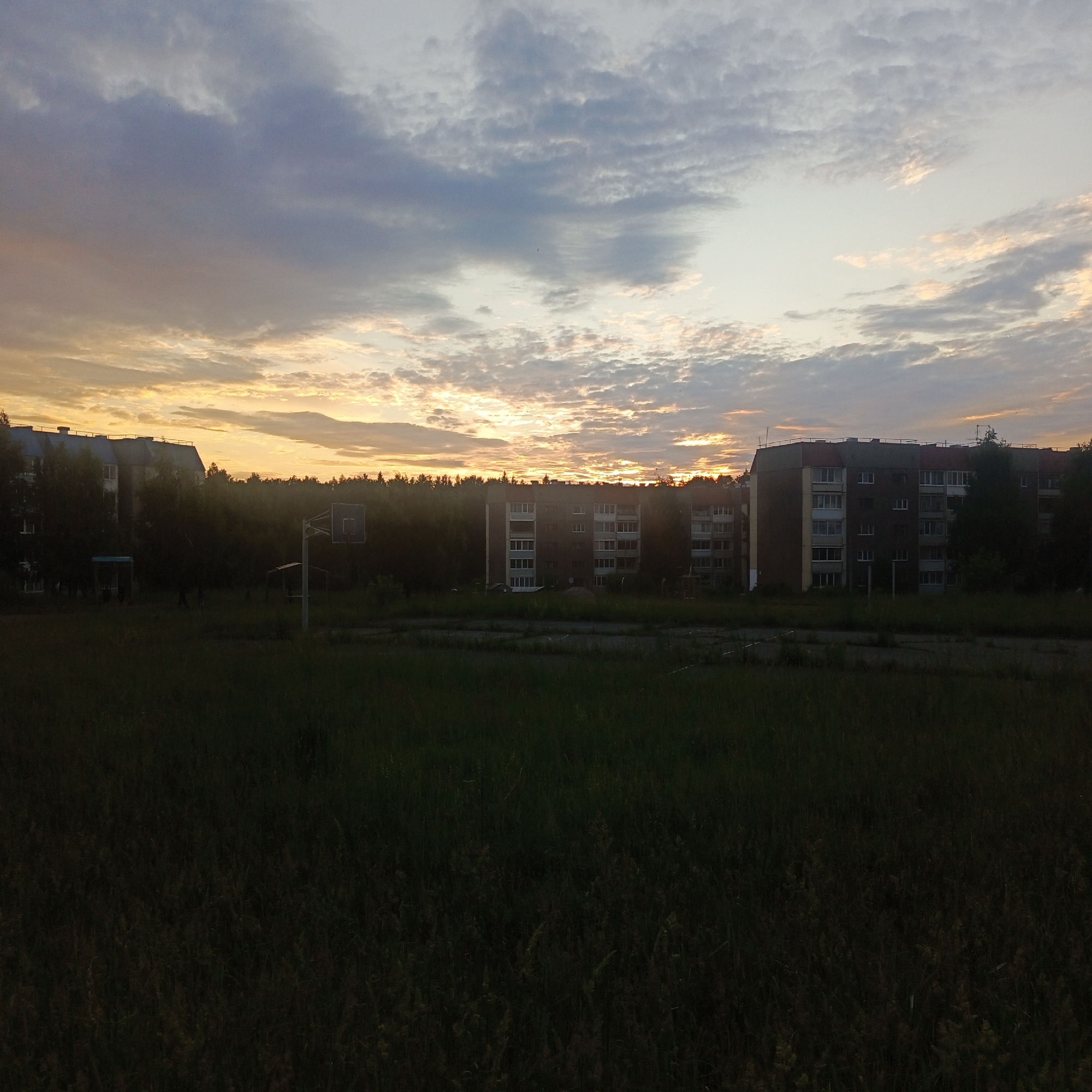 The image shows a suburban landscape with apartment buildings in the background and a field of tall grass in the foreground. The sky is overcast with dramatic clouds tinged with the colors of sunrise or sunset. A basketball hoop and backboard are visible in the middle ground, suggesting a recreational area. The buildings appear to be multi-story residential structures typical of a post-Soviet era settlement. The overall impression is one of a quiet, possibly somewhat neglected, urban fringe at dawn or dusk. The location is identified as Марковский, Russia.