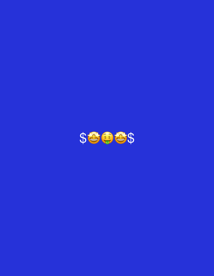 The image contains a blue background with a row of four emojis and two dollar signs at the bottom. The emojis are a "money-mouth face" emoji, a "money-mouth face" emoji, a "money-mouth face" emoji, and a "money-mouth face" emoji. The dollar signs are on either side of the emojis. The image does not show any recognizable locations in Okha, Russia, or any people.