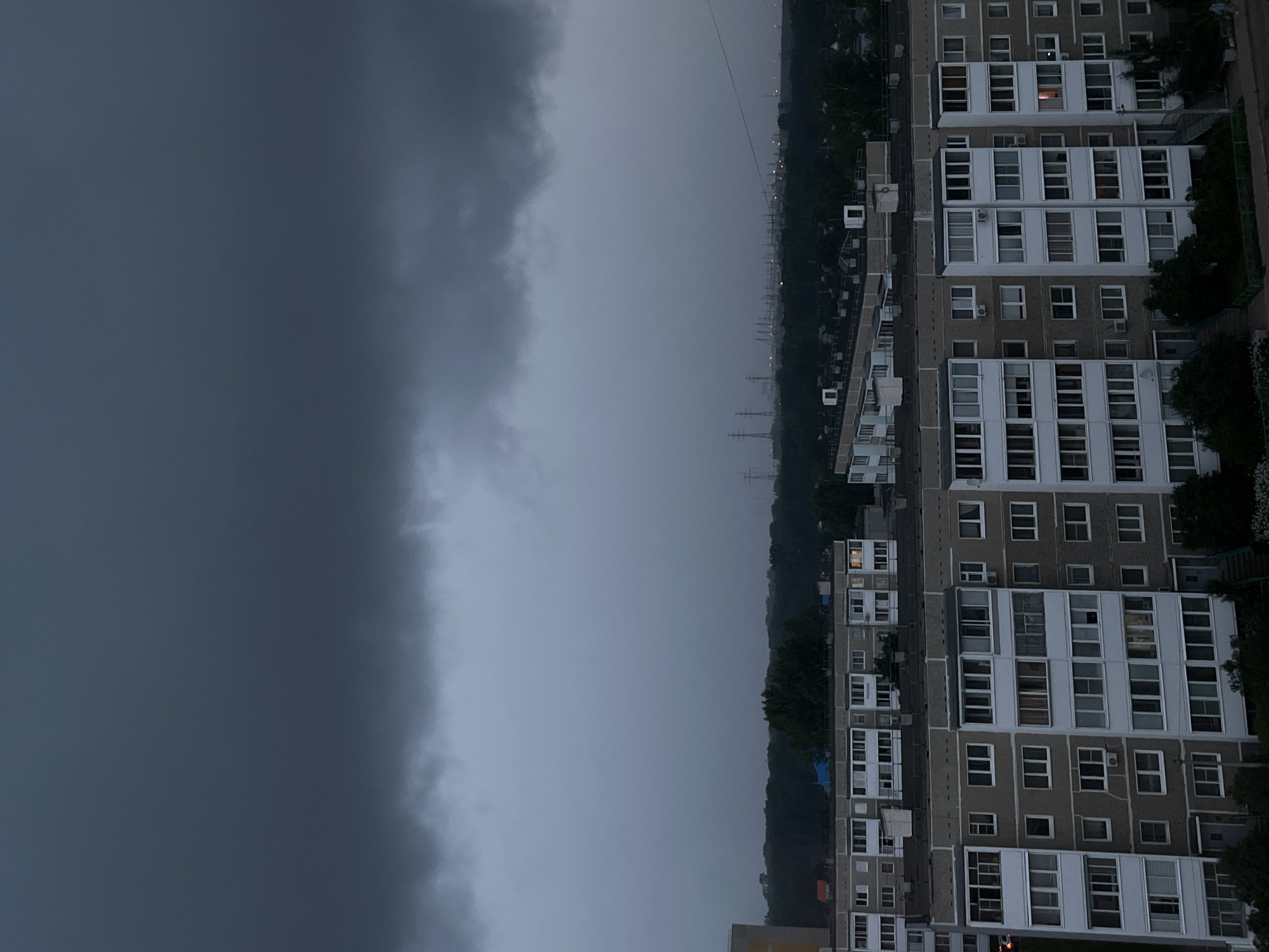 An overcast sky looms above a residential area in Chaikovsky, Russia. The foreground features several multi-story apartment buildings with numerous windows. The buildings are constructed with concrete and have a gray facade. In the distance, a dense line of trees separates the buildings from a further stretch of the city, which includes visible power lines and industrial structures. The overall atmosphere is subdued, likely due to the dark clouds. There are no visible people in the image.