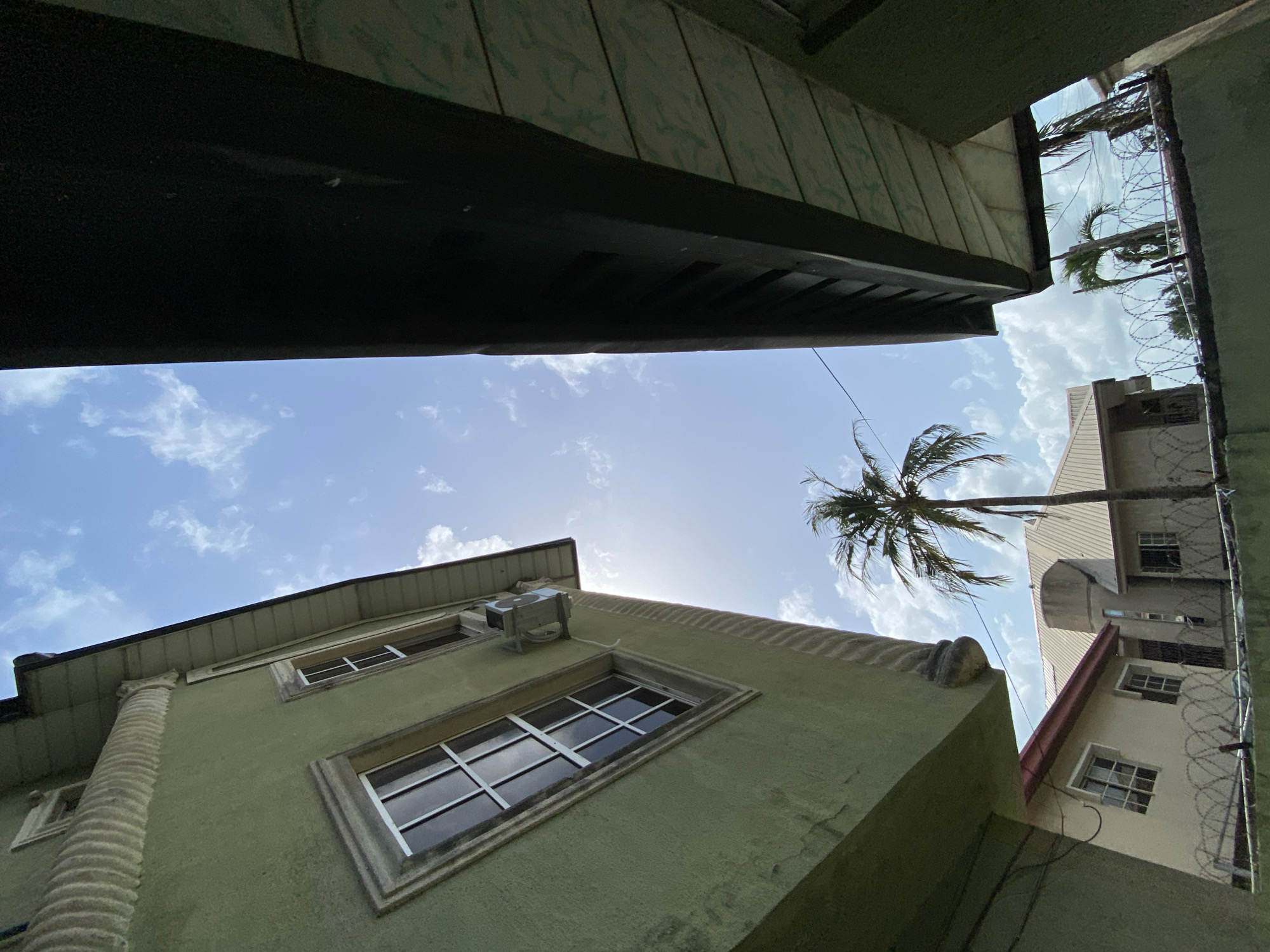 The image shows a low-angle view of buildings and a palm tree against a partly cloudy sky. The photograph appears to be taken in a densely built area of Ado, Nigeria. A green building is visible on the left with architectural details such as columns, windows, and a gabled roof, including an air conditioning unit mounted on its wall. Another building, with a light-colored facade, is partially visible on the right. Barbed wire runs along the right edge of the image. A palm tree stands between the buildings, stretching upward into the sky. Above, a dark overhang of another building or structure.