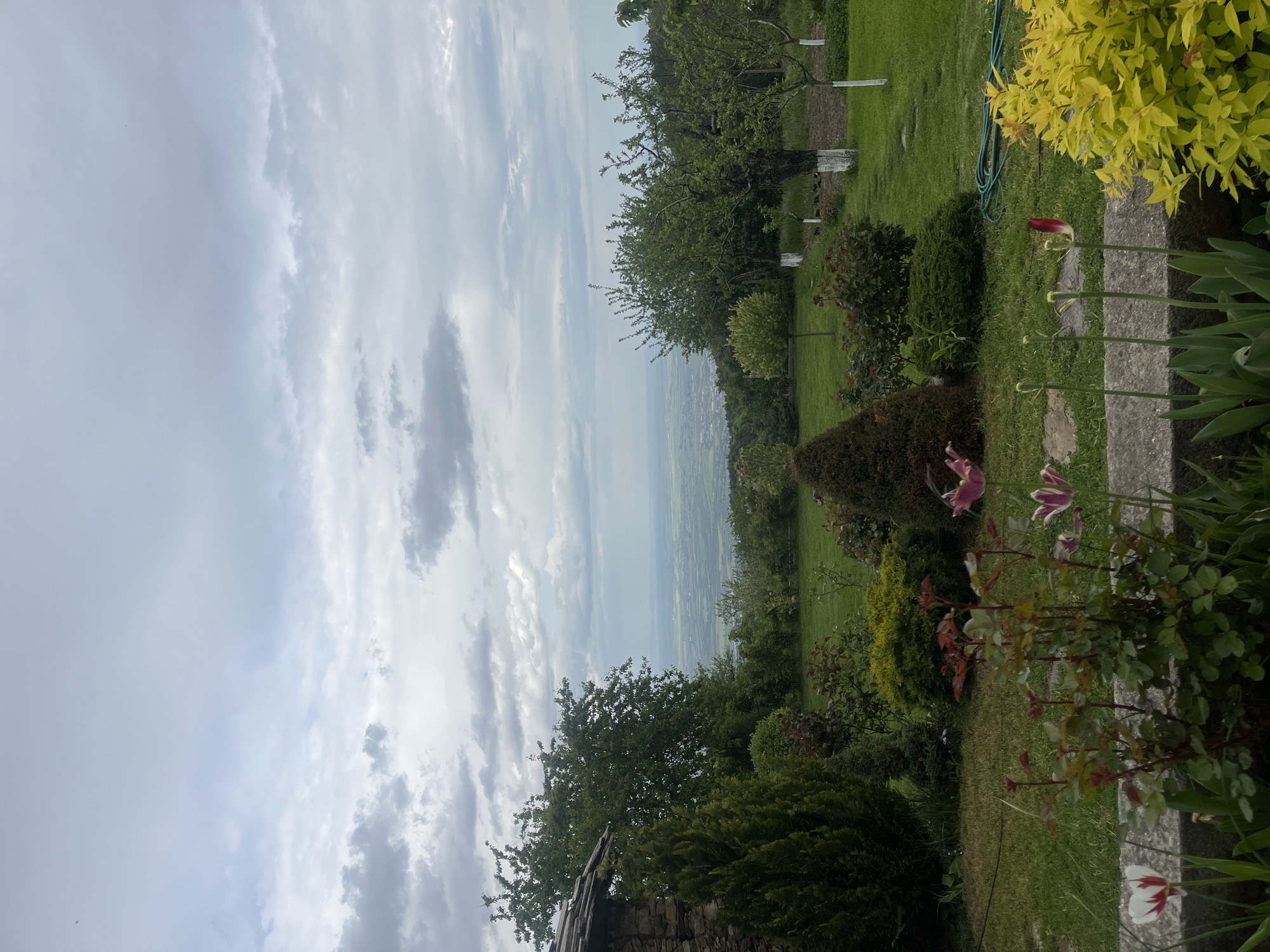 The image shows a garden landscape. In the foreground are flowers and greenery, with a concrete border. Beyond this is a well-maintained lawn dotted with trees and bushes. In the distance, a valley stretches out under a cloudy sky. There are no people visible in the scene. The location is not identifiable as Yavrovo, Bulgaria based on the image.