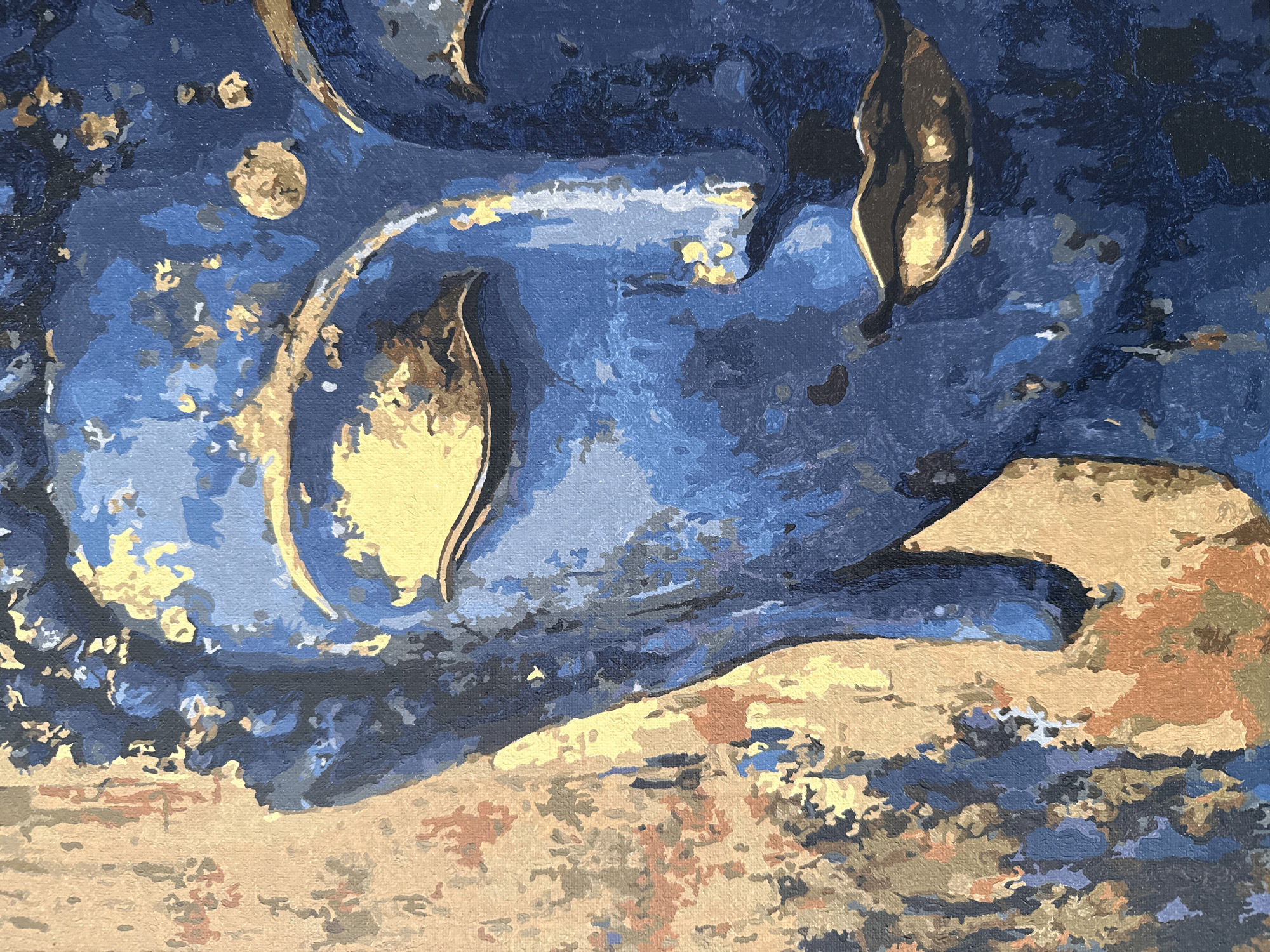 This is a close-up painting of a Buddha's face, rendered in shades of blue, gold, and beige. The Buddha's eyes are closed, and his lips are slightly parted. The background is textured with patches of beige, brown, and blue. The painting appears to be done in acrylics on canvas, with visible brushstrokes. There are no people, actions, or interactions depicted. The location in Khan Mean Chey, Cambodia is not discernible from the image.