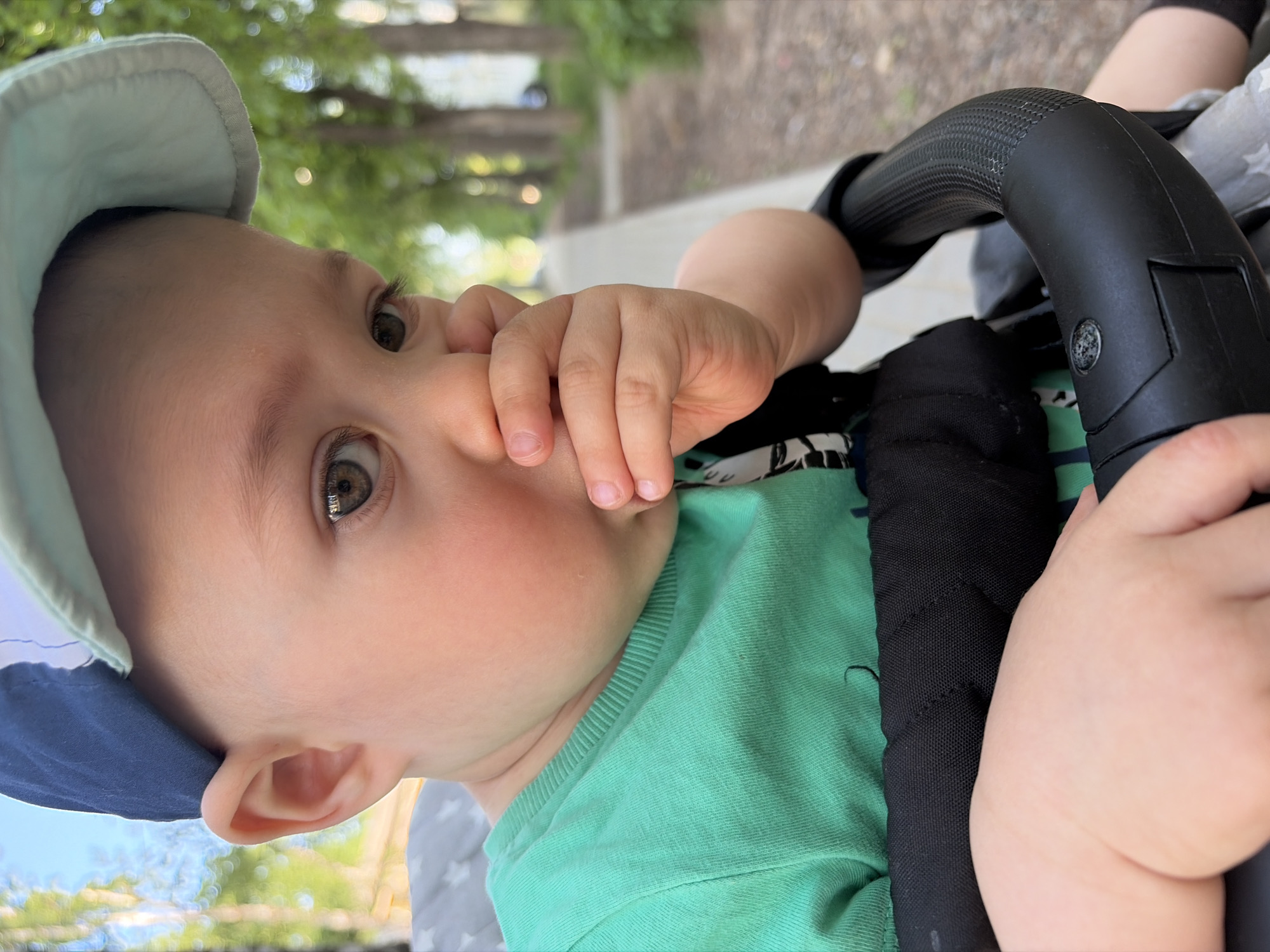 A baby wearing a blue and light green sun hat and a green shirt is in a stroller. The baby has fair skin, brown eyes, and is sucking on their fingers. The stroller has a black handle. The background appears to be a tree-lined street. The location is Chaikovsky, Russia.