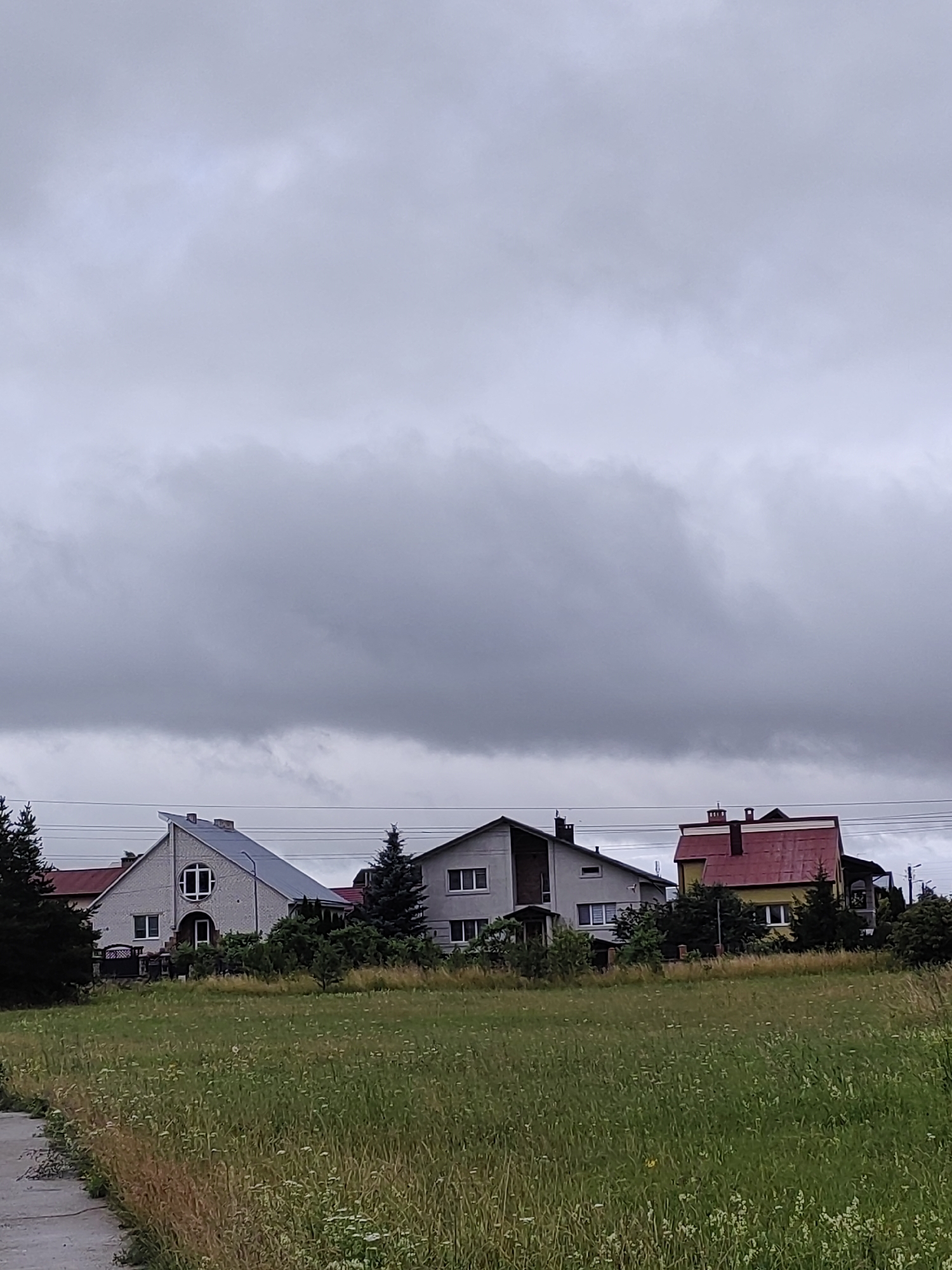 The image shows a cloudy sky over a row of houses in Hrodna, Belarus. The houses appear to be residential, with varying architectural styles and roof colors, including a grey house with a circular window and a yellow house with a red roof. The foreground is a grassy field with some wildflowers, and a paved walkway is visible on the left side. Trees are scattered around the properties. There are no people visible in the image. The scene suggests a residential area on an overcast day.