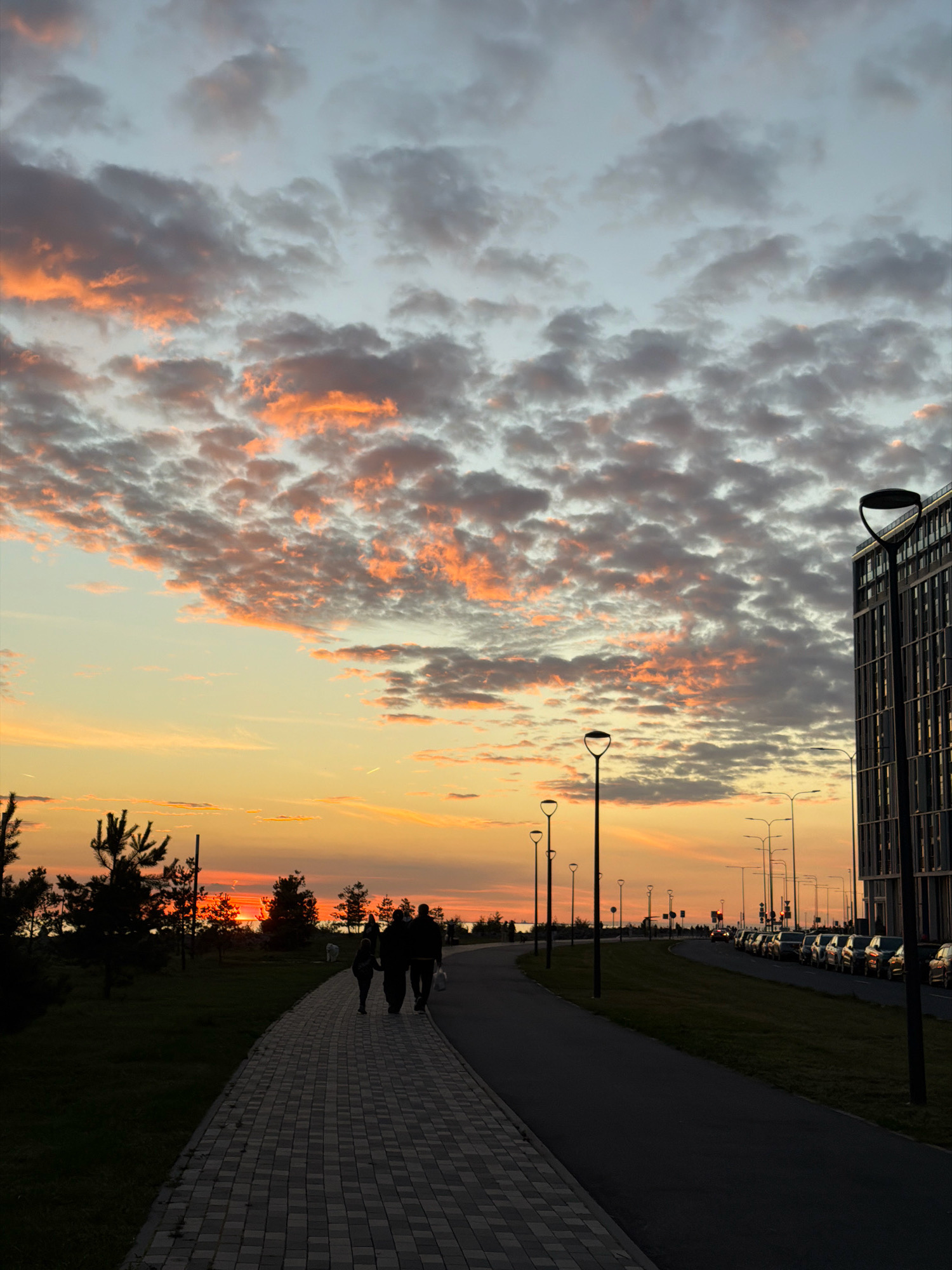 This is a vertical, medium-distance, outdoor photograph taken at dusk in Saint Petersburg, Russia. The sky is filled with dramatic clouds, illuminated with warm hues of orange and pink from the setting sun. A paved walkway curves through a grassy area, with a line of streetlights bordering a road on the right. In the distance, a modern building with a glass facade stands tall. Silhouettes of trees and a few people, including a child, are visible walking on the pathway. A row of parked cars lines the street.