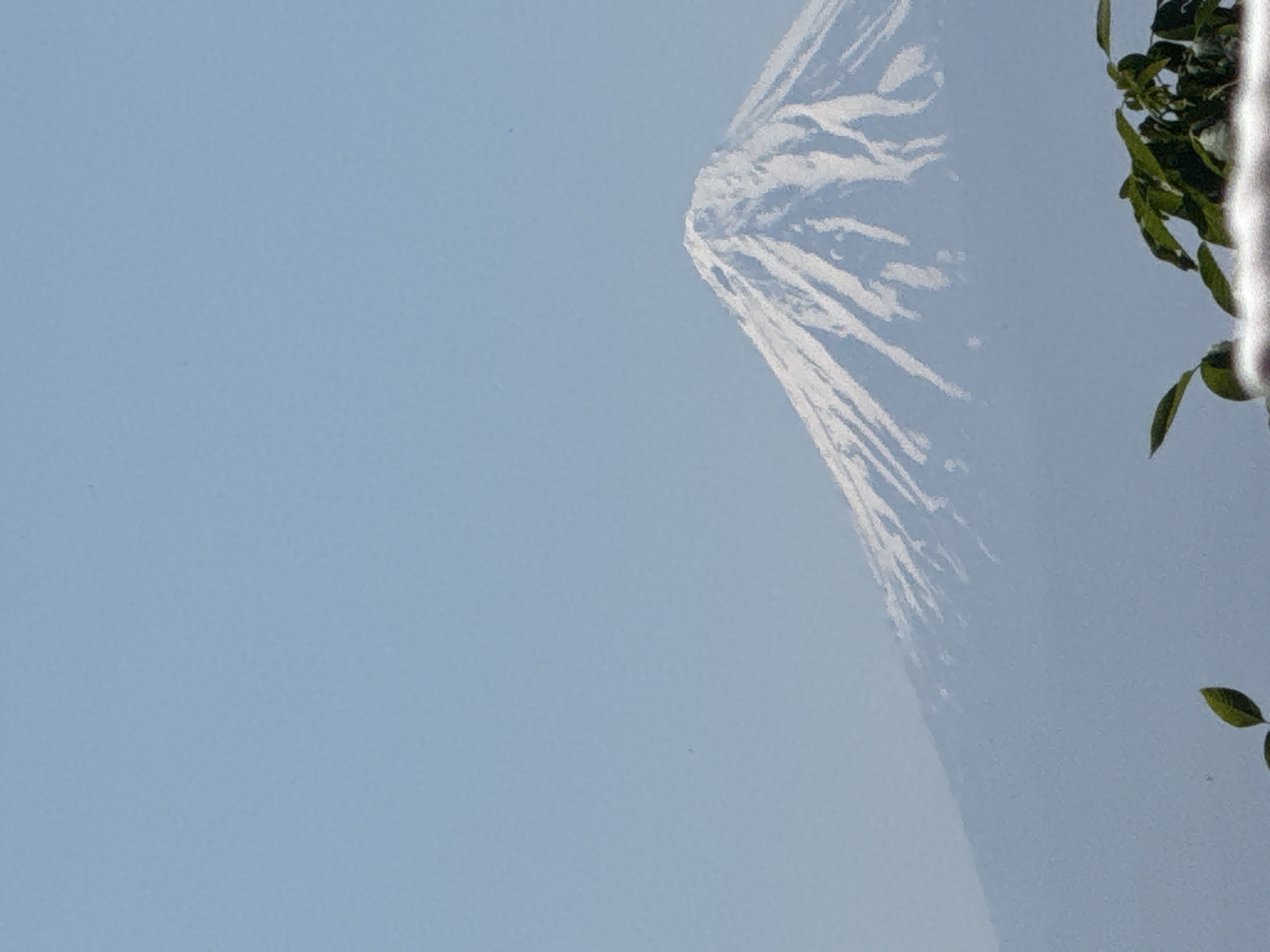 The image displays an abstract composition featuring a dominant, uniform pale blue background. In the upper right section, dynamic white streaks and fragmented splash-like patterns are visible, appearing to originate from a point near the top right corner and spread downwards and across the frame. These white formations have a textured appearance, suggestive of liquid, possibly water, impacting or being sprayed against a surface. To the far right edge of the image, a cluster of vibrant green leaves is partially visible, either behind or reflected on the same surface where the white patterns are present. The overall scene evokes the impression of water interaction with a translucent or reflective blue medium, with foliage in the background or reflected. There are no human subjects, discernible man-made objects beyond the implied surface, or visible text. The lighting appears bright and evenly distributed.