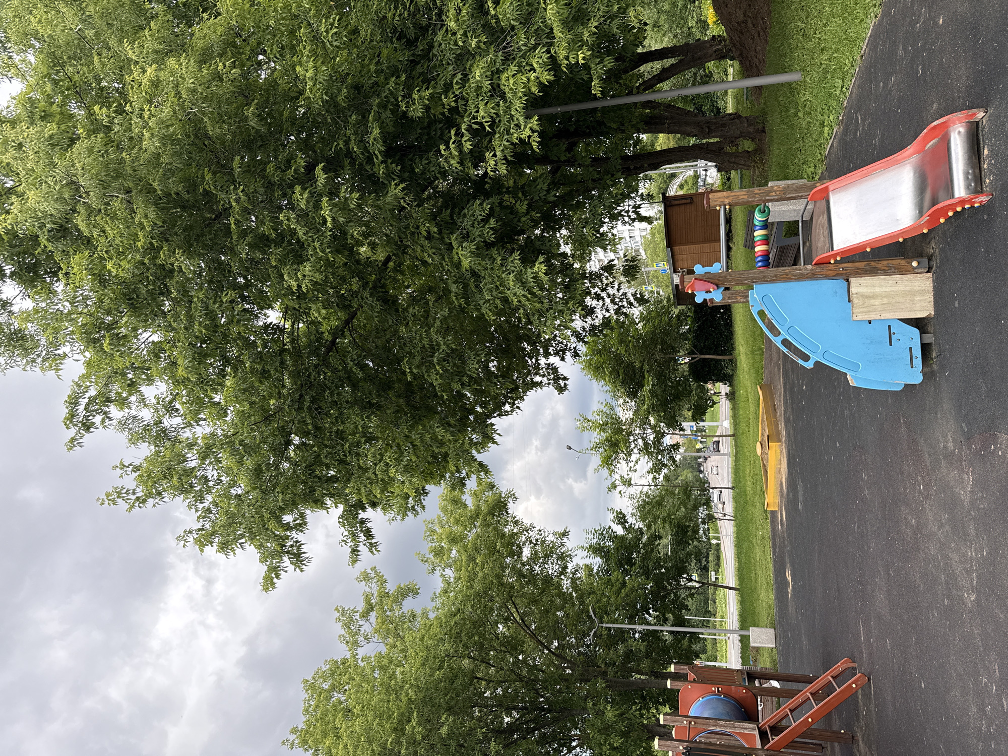 The image depicts a playground scene in Moscow, Russia. The playground features a red and silver slide, a blue plastic platform, and a wooden structure with a blue dome and a ladder. The ground is paved with black asphalt, and patches of green grass are visible around the playground. Large trees with lush green foliage dominate the foreground and background, creating a natural and shaded environment.
The sky is overcast with gray clouds, suggesting a possibly cool or humid day. The lighting is diffused, indicating it is likely daytime, but the time of day is not precisely determinable.
In the background, there are glimpses of a street with traffic, trees lining the road, and buildings in the distance. Some street lights and power lines are also visible. A yellow slide is partially visible in the middle ground.
The scene appears to be set in a park or public space, possibly a residential area, given the presence of buildings. There is no activity or people visible in the image, giving it a tranquil, almost deserted feel. The overall impression is one of a quiet, green urban space designed for children's recreation. No text is visible in the image.