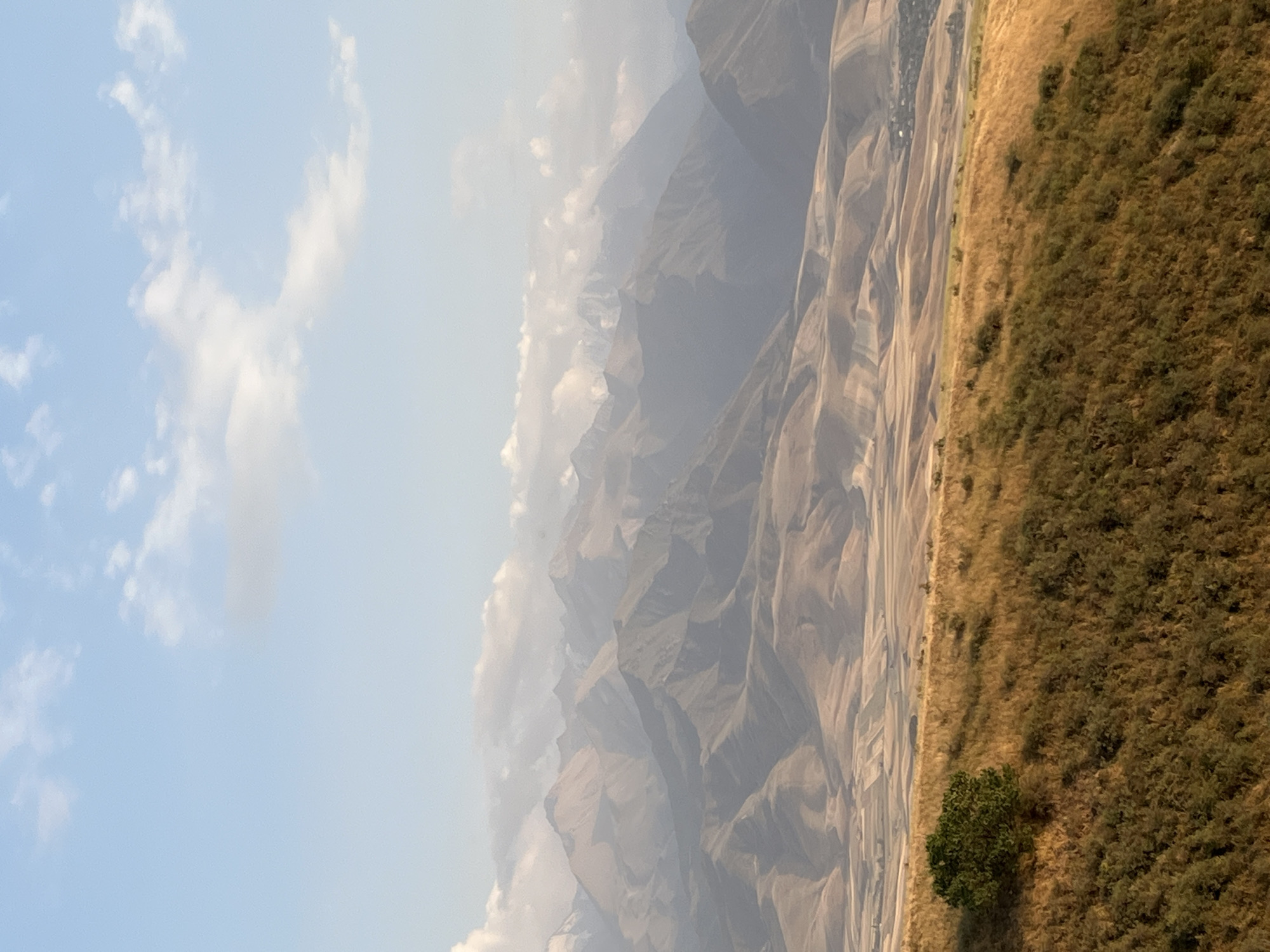 The image depicts a panoramic view of rolling hills and distant mountains under a pale blue sky with scattered white clouds. The foreground is dominated by a grassy hillside with a small, solitary green tree on the left. The middle ground features dry, undulating terrain with visible agricultural patterns, suggesting fields. In the background, a range of majestic mountains rises, some peaks capped with snow, creating a layered effect. The overall scene is one of natural beauty and vast open space, characteristic of a rural or mountainous landscape. The location is identified as Besh Kungei, Kyrgyzstan. No people or specific actions are visible in the image.
