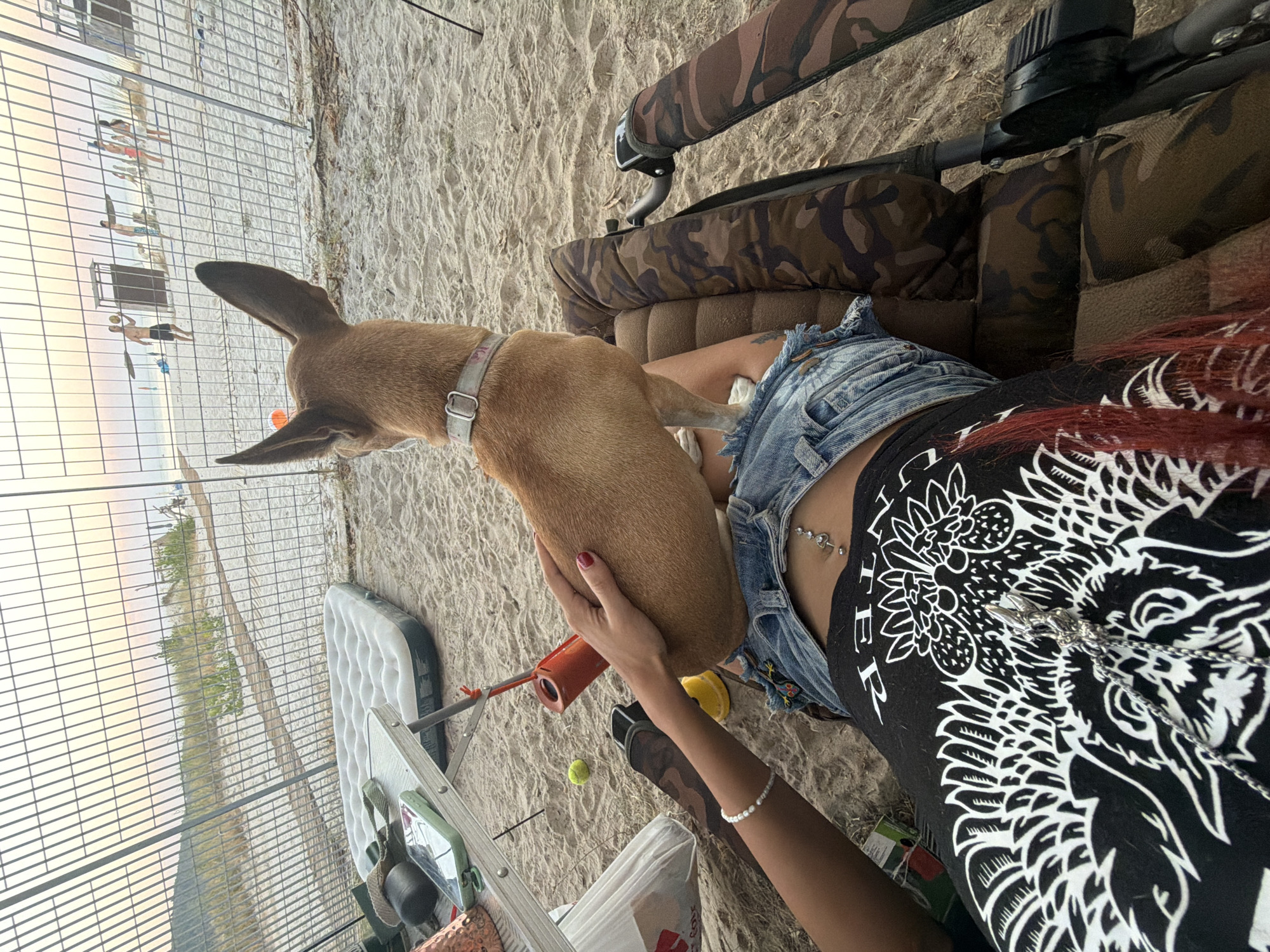 A person is lying on a camouflage recliner on a sandy beach in Golden Beach, Greece. A small brown dog is sitting on the person's lap, facing away from the camera. The person is wearing a black t-shirt with a white dragon design, denim shorts, and a belly chain with a piercing. Their left arm is extended, with a hand resting on the dog's back. A bracelet is visible on the person's wrist. In the background, through a metal fence, people are playing volleyball on the beach and the sea is visible. Other items on the sand include an air mattress, a portable table with items on it, a tennis ball, and a red cylindrical object. The sky in the background is a soft orange and pink hue, suggesting it is either sunrise or sunset.