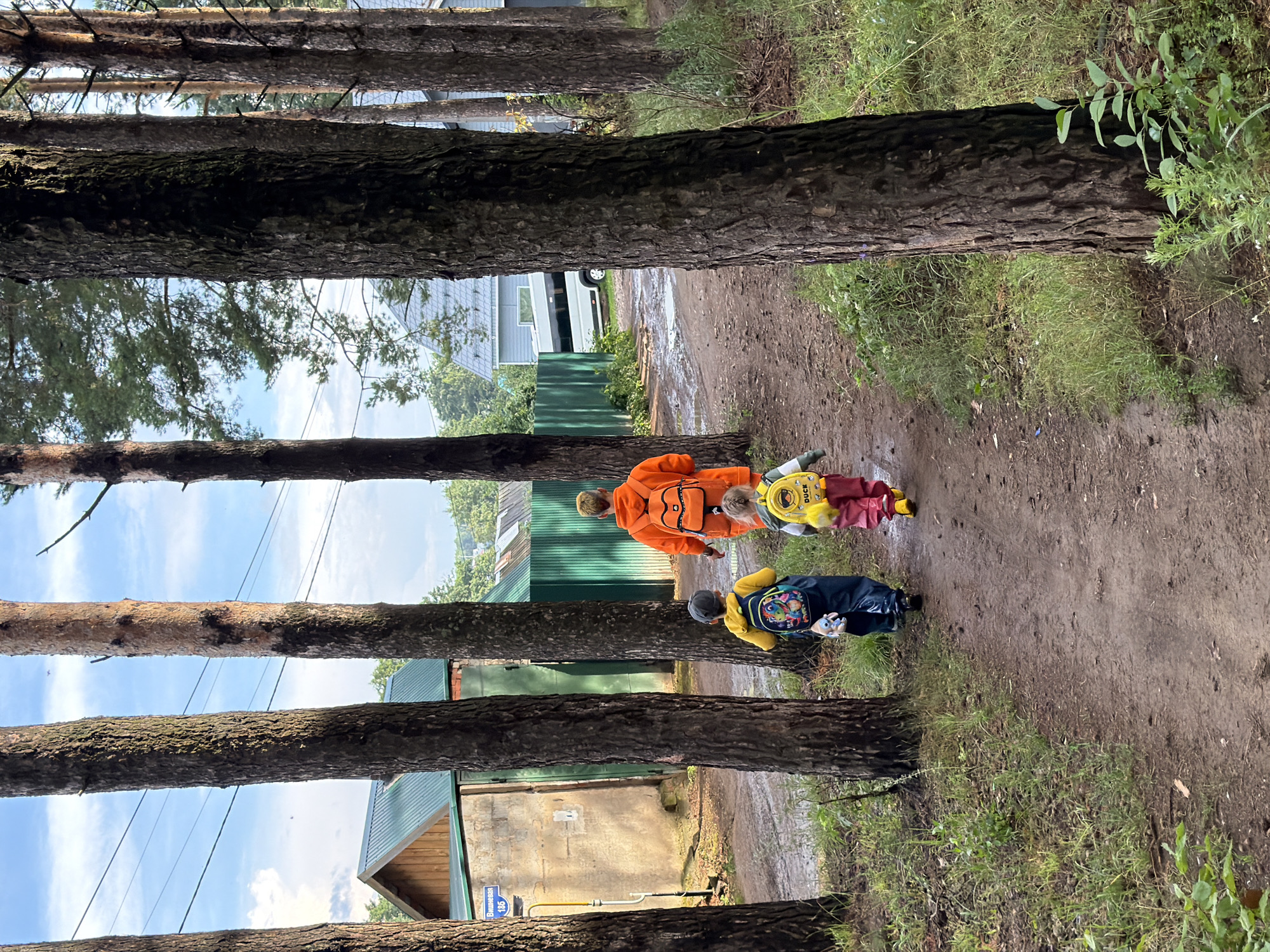 A rear view shows a person in an orange hooded jacket with a matching backpack walking on a dirt path alongside a line of pine trees. Following behind are two children, one wearing a yellow backpack with a cartoon character and the other a yellow backpack with the word "DUCK" on it. The path is damp with puddles, suggesting recent rain. On the left of the path is a rough concrete wall with a street sign labeled "Вишневая 185" (Cherry Street 185) mounted on a yellow pole. Further beyond the wall are buildings with green roofs and a white van. The environment appears to be a residential area with a mix of buildings and natural pine forest.