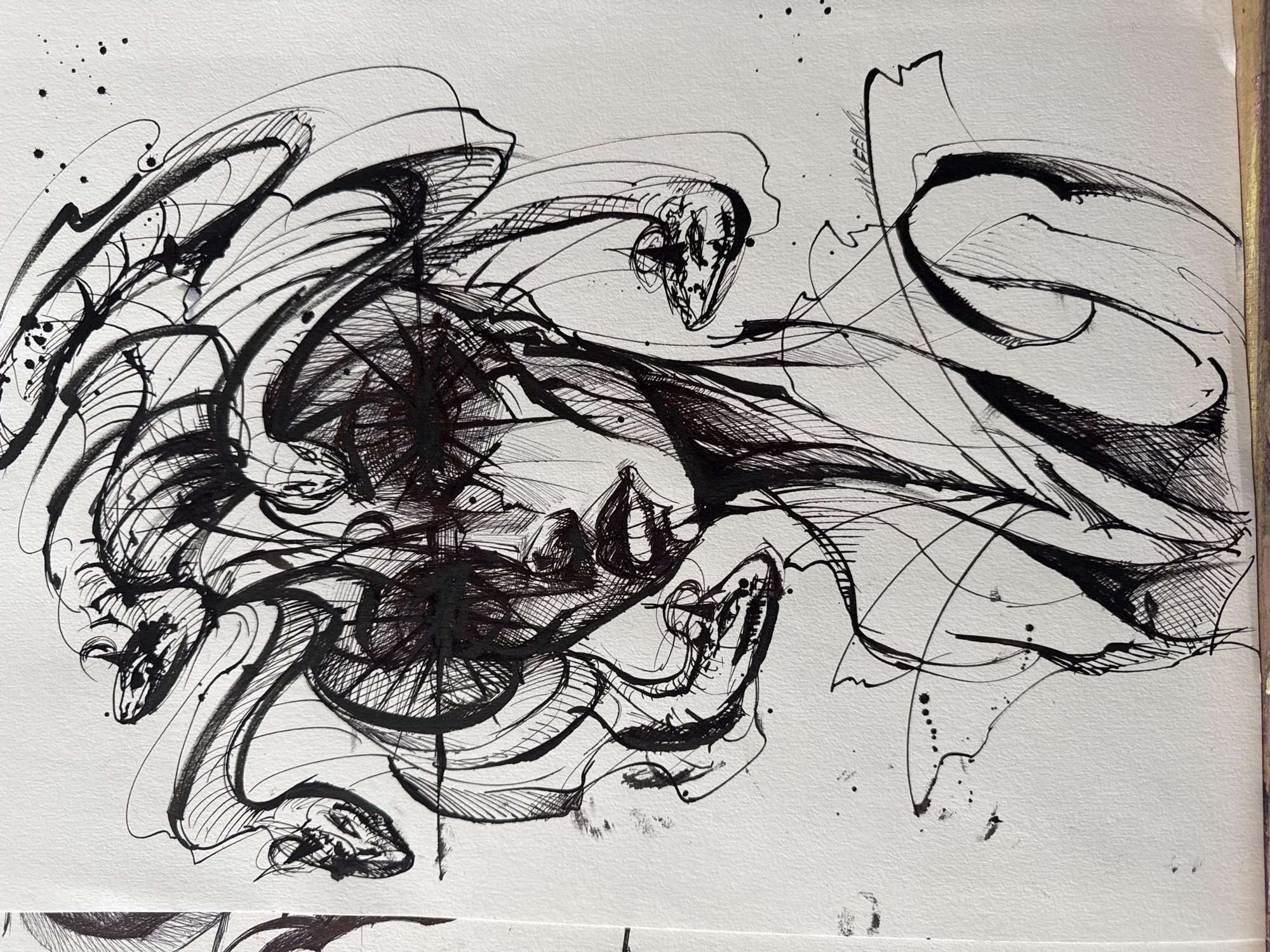 The image is a black and white ink drawing of a multi-headed serpent or hydra-like creature. The style is abstract and chaotic, with many intersecting lines and splatters of ink. It is impossible to determine the location of the drawing in Sofia, Bulgaria or any other city as the image is an abstract drawing. There are no people, identifiable objects, actions, or interactions depicted in the drawing beyond the serpent figure itself. The environment is a white background.