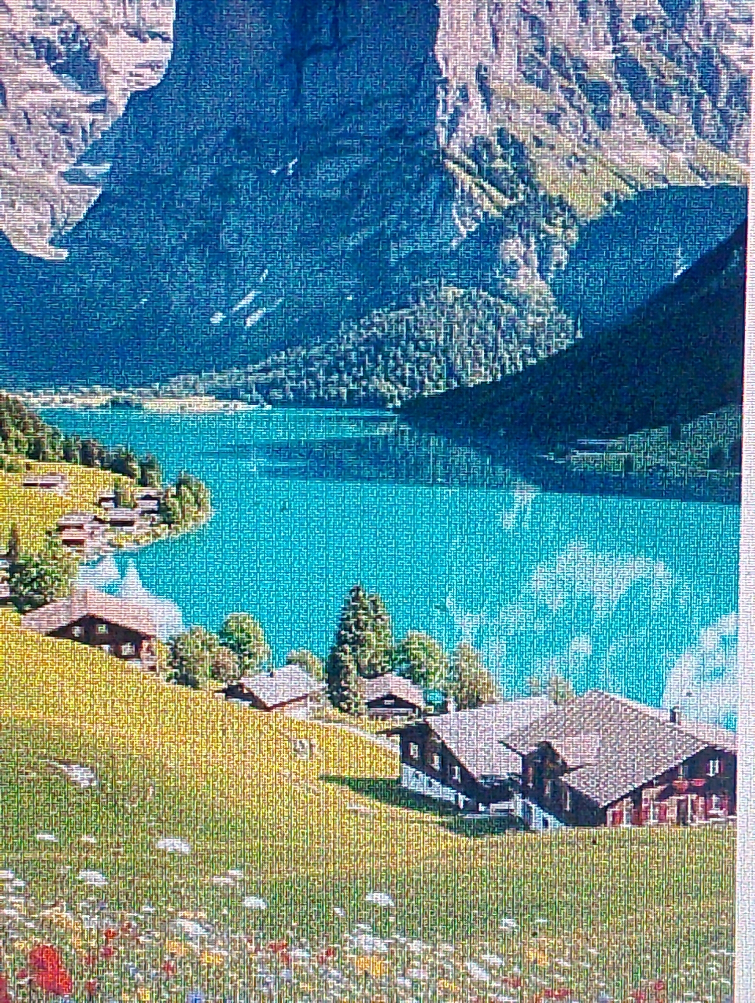 The image depicts a serene mountain landscape with a turquoise lake and traditional chalets nestled on a grassy slope. Towering mountains, covered in dense forests and rocky outcrops, form a dramatic backdrop to the scene. The lake, with its clear, reflective waters, mirrors the sky and surrounding peaks. Several chalets, characterized by their dark wooden exteriors and steep, tiled roofs, are scattered across the verdant hillside, suggesting a peaceful, rural setting. The foreground is a meadow dotted with wildflowers, adding a touch of vibrant color to the composition. There are no people visible in the image.
The request to include information about the city of Magelang, Indonesia, is incongruous with the provided image. The landscape depicted, with its alpine features, is not characteristic of Magelang or any region in Indonesia. Therefore, it is not possible to fulfill that specific request based on the visual evidence.