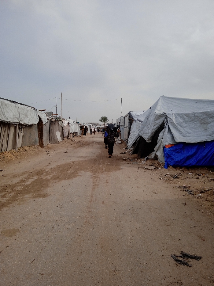 The image depicts an unpaved road lined on both sides by closely packed, makeshift shelters constructed primarily from white, grey, and blue tarpaulins and various fabrics. This scene is located in Khan Yunis, Palestinian Territory. The sky is overcast and grey.
In the foreground, the dirt and gravel road shows patches of damp earth and tire tracks. A single individual, dressed in dark clothing, walks away from the camera, down the center of the road, carrying a large, dark bundle or backpack on their back.
Further down the road, several other figures are visible walking or standing between the shelters. Simple utility poles with wires strung across the road are present. In the distant background, a lone palm tree rises above the structures. Debris is scattered along the edges of the road near the shelters.