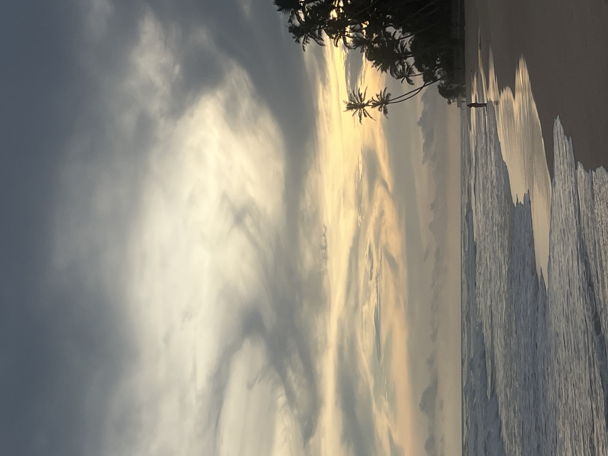 This image captures a serene tropical beach scene during either sunrise or sunset, set in Habaraduwa, Sri Lanka. The sky dominates the upper two-thirds of the frame, filled with dynamic clouds. On the left, the clouds are a deep, muted gray-blue, transitioning to brilliant golden-yellows and oranges on the right where the sun's light breaks through, creating a dramatic interplay of light and shadow. Swirling cloud formations add texture and depth to the celestial canvas.
Along the right edge of the frame, a cluster of tall palm trees stands in stark silhouette against the bright sky, their fronds detailed yet dark. The lower third of the image features the vast ocean, its surface reflecting the subtle hues of the sky. Gentle waves break along the shore on the far right, creating white foamy lines on the wet sand. A lone, small figure stands in the distance near the water's edge, a dark silhouette against the reflective sand and ocean, adding a sense of scale and tranquility to the expansive landscape. The overall mood is peaceful and picturesque, highlighting the beauty of the natural environment during the golden hour. No visible text is present.