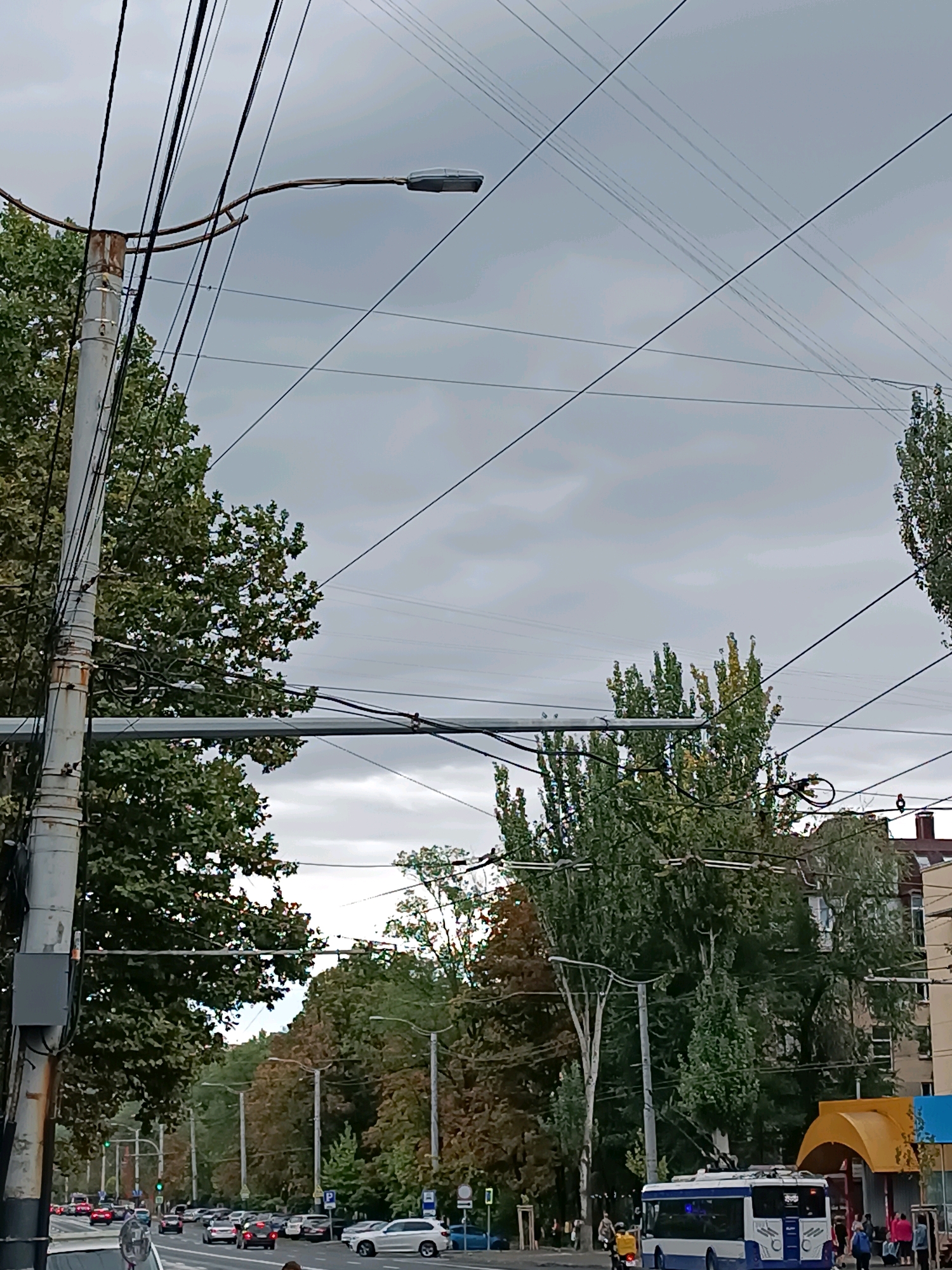 The image captures a street scene in Chișinău, Moldova, under an overcast sky. A prominent utility pole, weathered and covered in wires, stands on the left side of the frame. Above, a network of dark electrical and possibly trolleybus wires crisscrosses the sky, casting faint lines against the grey clouds. A street lamp is attached to a bent metal arm extending from the utility pole.
In the middle ground, lush green trees line both sides of a road where vehicles, including cars and a blue and white trolleybus, are present. The trolleybus, seen from the rear, has its poles extended upwards, connecting to the overhead wires. People are visible on the sidewalk, some near the trolleybus stop. Buildings with yellow awnings and other structures are also part of the urban landscape. The road appears to be a multi-lane street with traffic moving in both directions. A traffic light is visible in the distance, indicating its operational status. The overall impression is a typical urban environment on a cloudy day.
