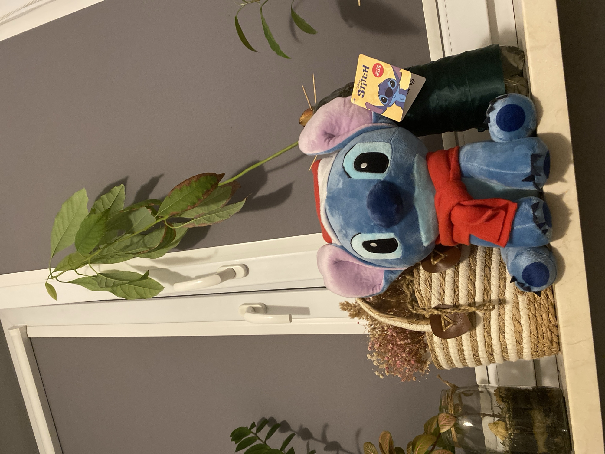 A plush toy Stitch character wearing a Santa hat and a red scarf is sitting on a white windowsill. The Stitch toy has a yellow tag attached to its ear with an image of Stitch on it. Behind Stitch is a green bottle wrapped in dark green material. To the left of Stitch is a woven basket filled with dried pink and white flowers. Further to the left is a glass jar with a plant inside. The background is a gray wall and a white window frame with two handles. The scene is indoors, on a windowsill that appears to be in a residential setting, possibly an apartment in the city of Łódź, Poland. There are no people visible in the image.