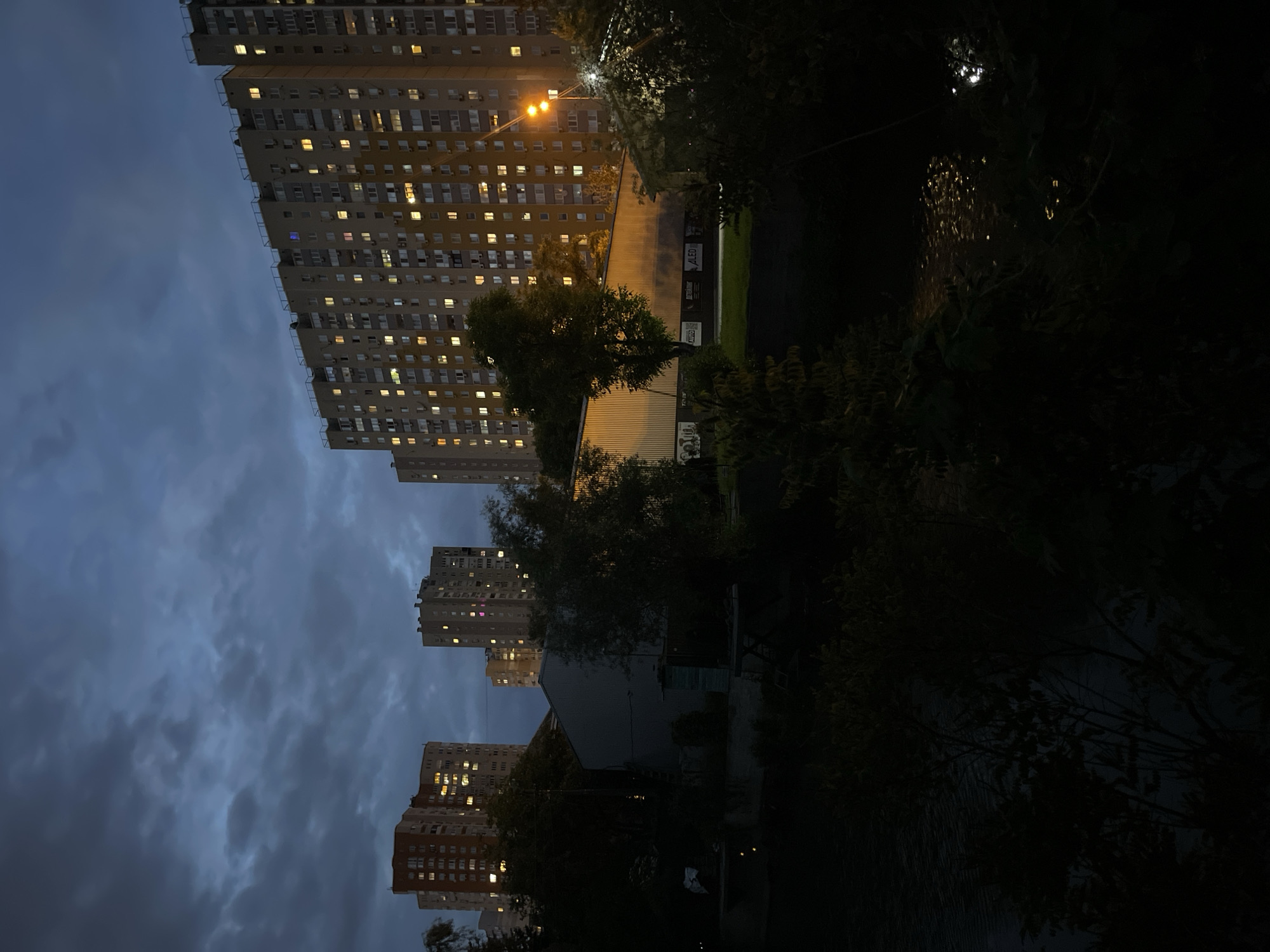 The image depicts a cityscape at dusk or night, possibly in Kyiv, Ukraine. Several high-rise apartment buildings are visible in the background, with lights on in many windows, suggesting residential occupancy. A smaller building with a light-colored roof stands in the midground, flanked by trees and vegetation. The foreground is obscured by dark foliage, making details difficult to discern. The sky is overcast with heavy clouds. A street lamp illuminates the area between the tall buildings and the smaller structure.
