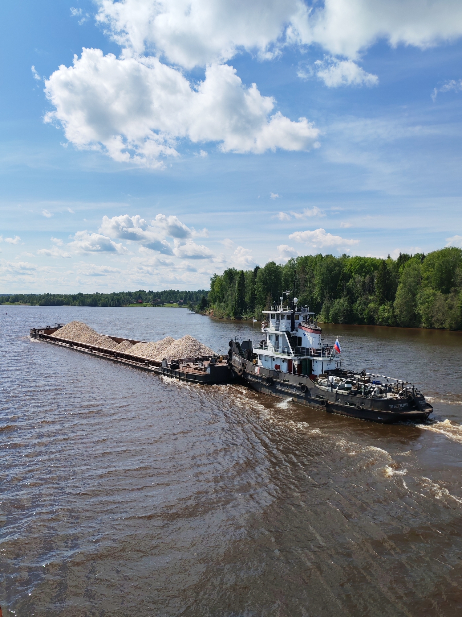 A tugboat named "ШЛЕЗОВСКОЙ-8" is pushing a barge loaded with wood chips along a brown river. The scene is likely located near Kurikaevo, Russia. The water is choppy from the boat's wake. Green trees line the riverbanks in the background, and a blue sky with fluffy white clouds is above.