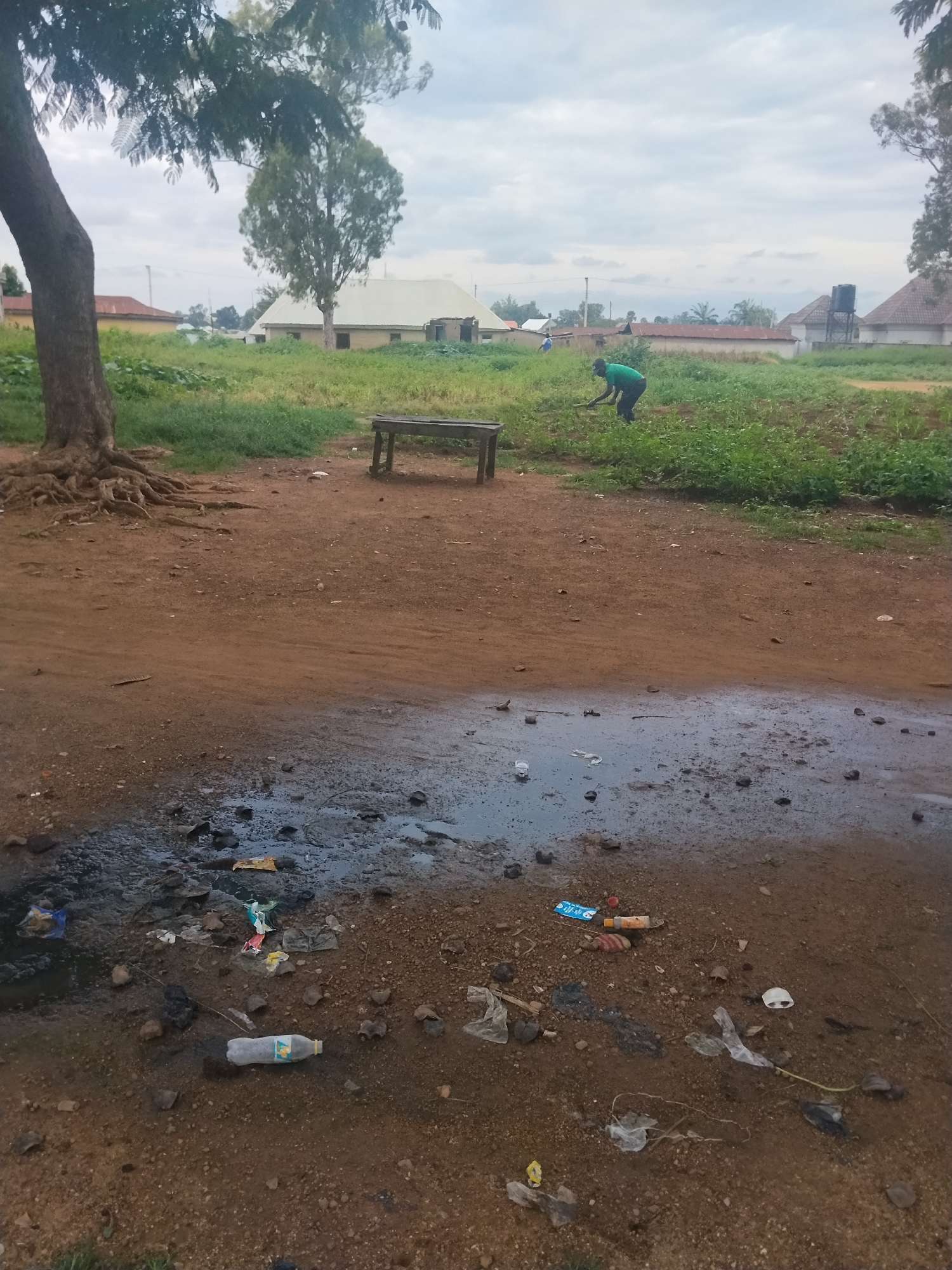 This is a medium-shot, eye-level, outdoor photograph of a muddy, trash-strewn area in Mangu Town, Nigeria. The foreground is dominated by dark brown, damp earth and scattered debris, including plastic bottles, wrappers, and rocks. A puddle of dark, stagnant water is present in the lower-left quadrant. In the mid-ground, a rough-hewn wooden bench sits on the dirt. Beyond the bench, a patch of green grass is visible, with several trees and low-lying vegetation. In the background, various buildings with light-colored roofs are scattered across the landscape. The sky is overcast with gray clouds. Two individuals are present in the mid-ground. One person, wearing a green shirt, is bent over and appears to be working with a tool in the grass. Another person, further in the distance and wearing a blue shirt, is also visible in the grassy area. The overall scene depicts a somewhat neglected outdoor space.