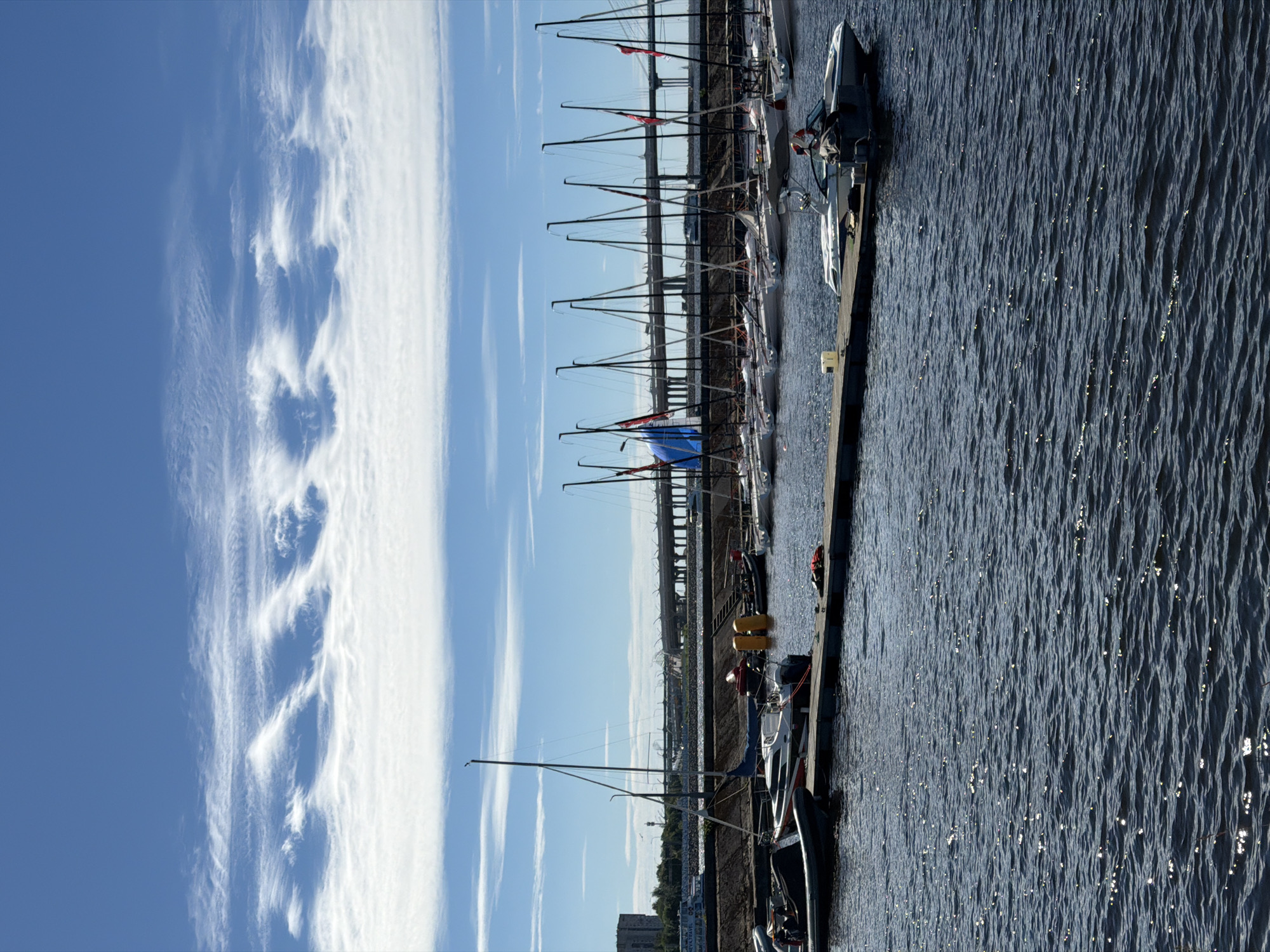The image depicts a marina on a sunny day in Saint Petersburg, Russia. The foreground shows dark, choppy water with sunlight reflecting off the surface. A wooden dock extends from the lower right corner into the water, with several boats moored to it. On the dock, there is a white speed boat with two people visible. Behind the dock, a fleet of sailboats with tall masts are lined up. One sailboat has a bright blue sail. In the background, a large elevated highway bridge stretches across the scene, with a few buildings visible on the shore to the left. The sky is a vibrant blue with distinct, wispy white clouds arranged in a wave-like pattern. The overall scene conveys a sense of leisure and activity at the marina.