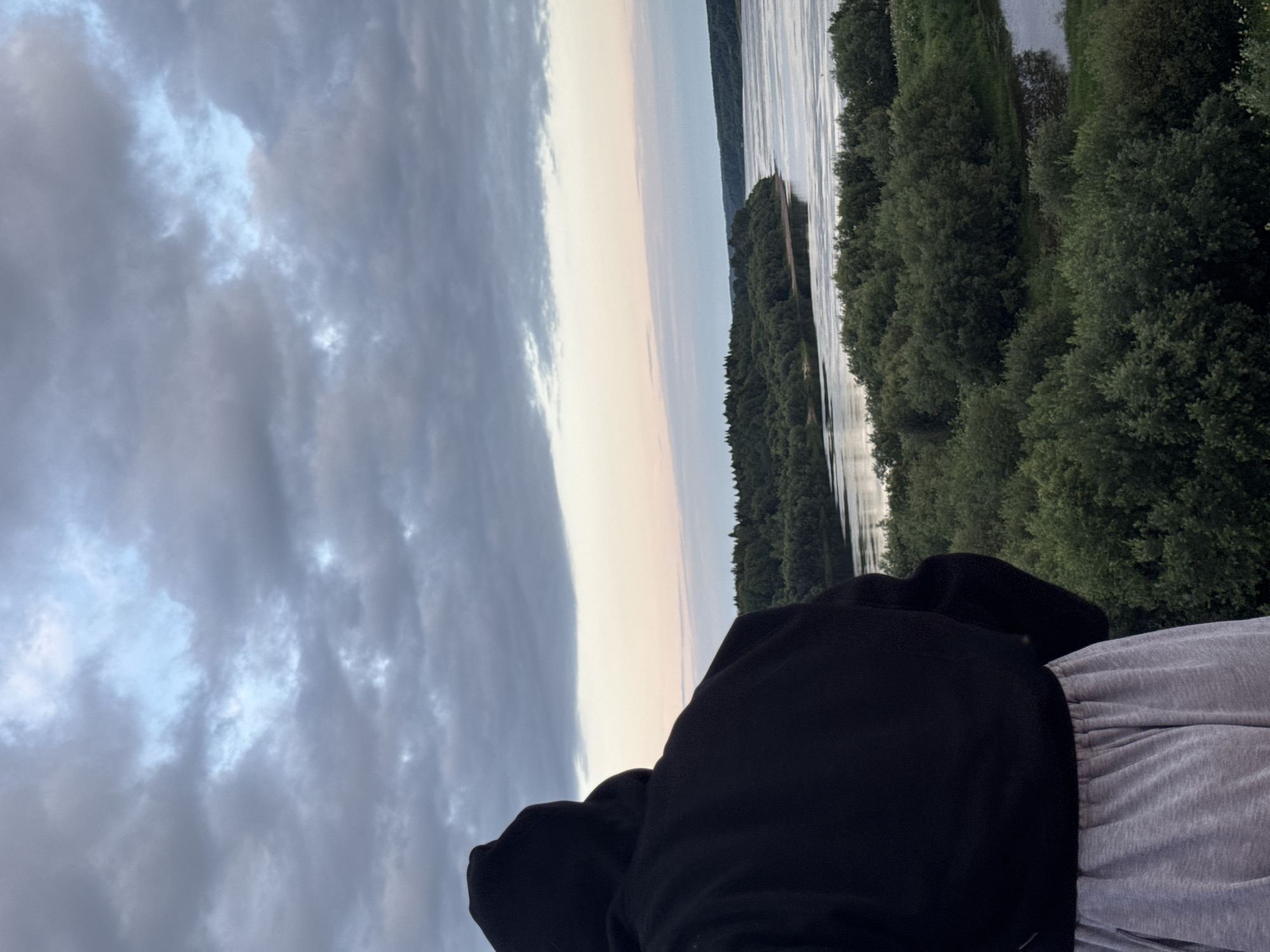 The image captures a view from behind a person wearing a black hooded sweatshirt and grey sweatpants. They are facing away from the camera, looking out over a landscape. The sky above is filled with dramatic, dark grey clouds with patches of lighter blue visible. Below the sky, a soft pink and pale blue gradient indicates a sunset or sunrise. The middle ground features a wide river with a reflective surface, bordered by dense green trees and foliage. The trees are lush and appear to be a mix of deciduous varieties. The overall atmosphere suggests a serene, natural setting, possibly a rural area or a park on the outskirts of a settlement. The location is in the village of Ryabinino, Russia.